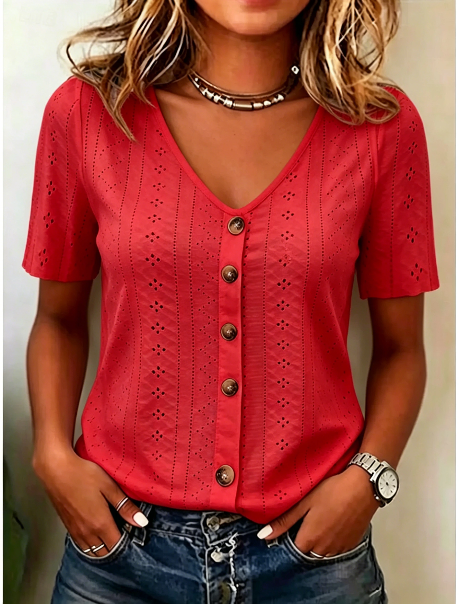 Women's Eyelet Knit V-Neck Button Front Short Sleeve Top