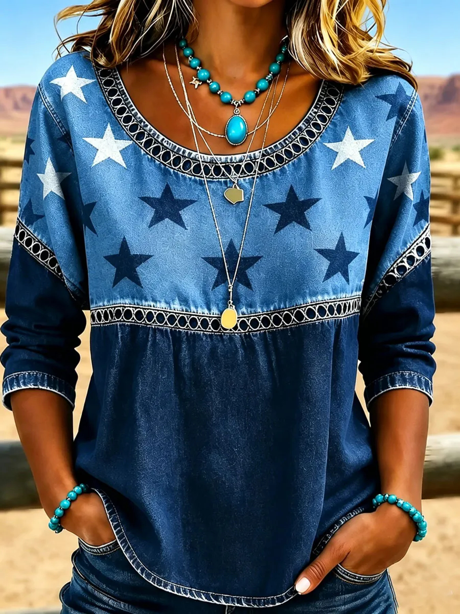 Western Star Denim Tunic Top | Boho Style Casual Long Sleeve Blouse