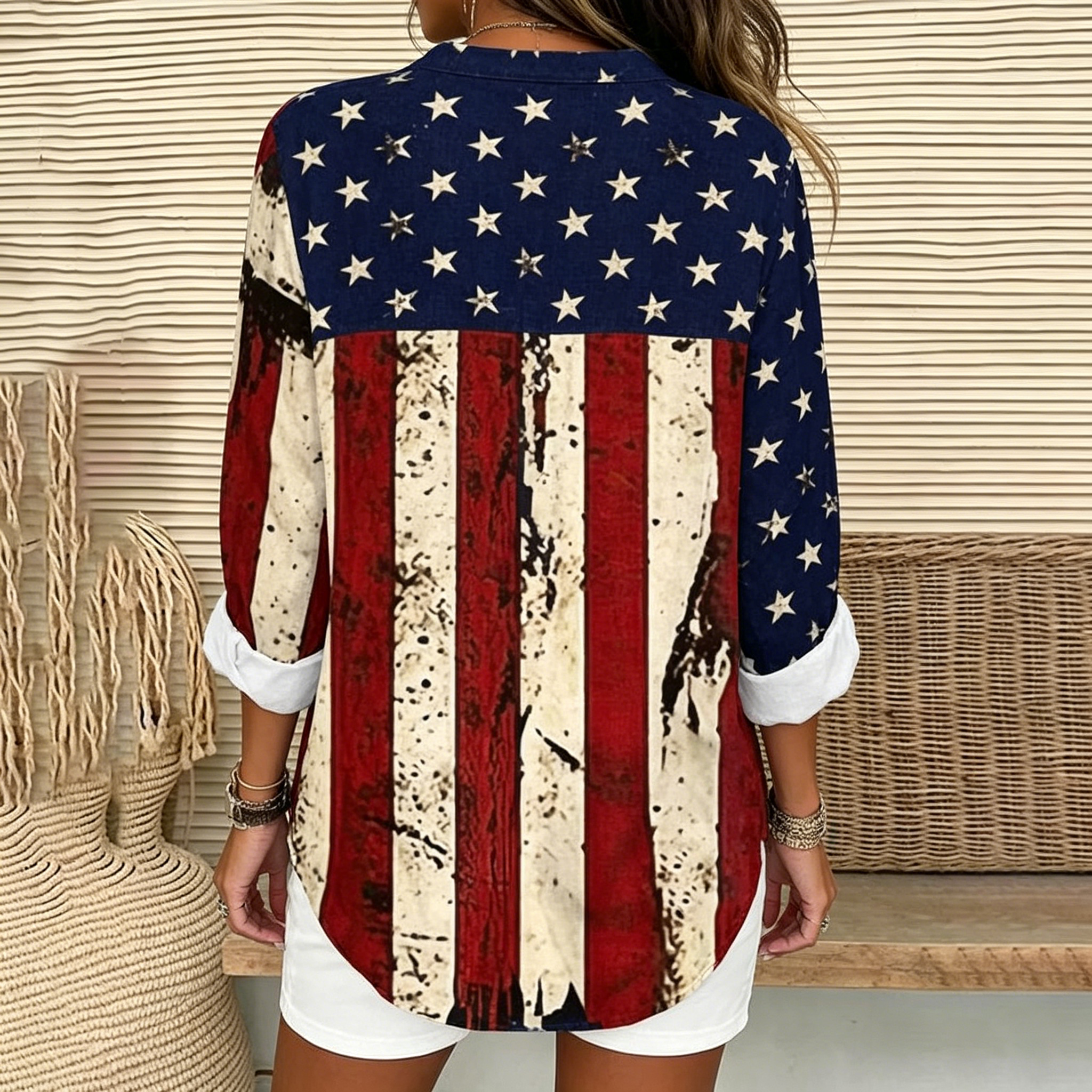Women Vintage Distressed American Star Flag Print Henley Neck Roll Sleeve Loose Patriotic Tunic Blouse