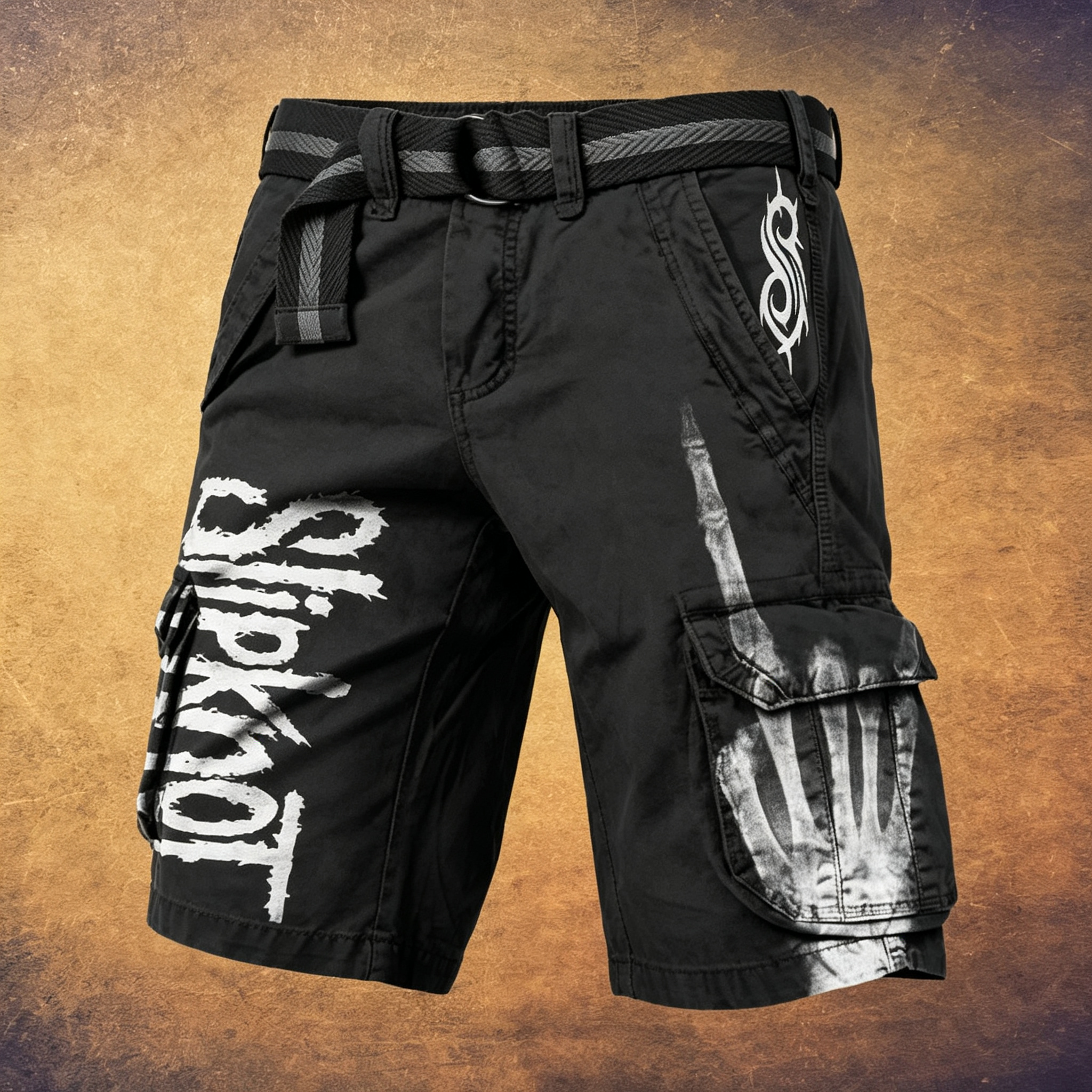 Men's Vintage Rock Band Graphic Multi-Pocket Cargo Shorts with Belt