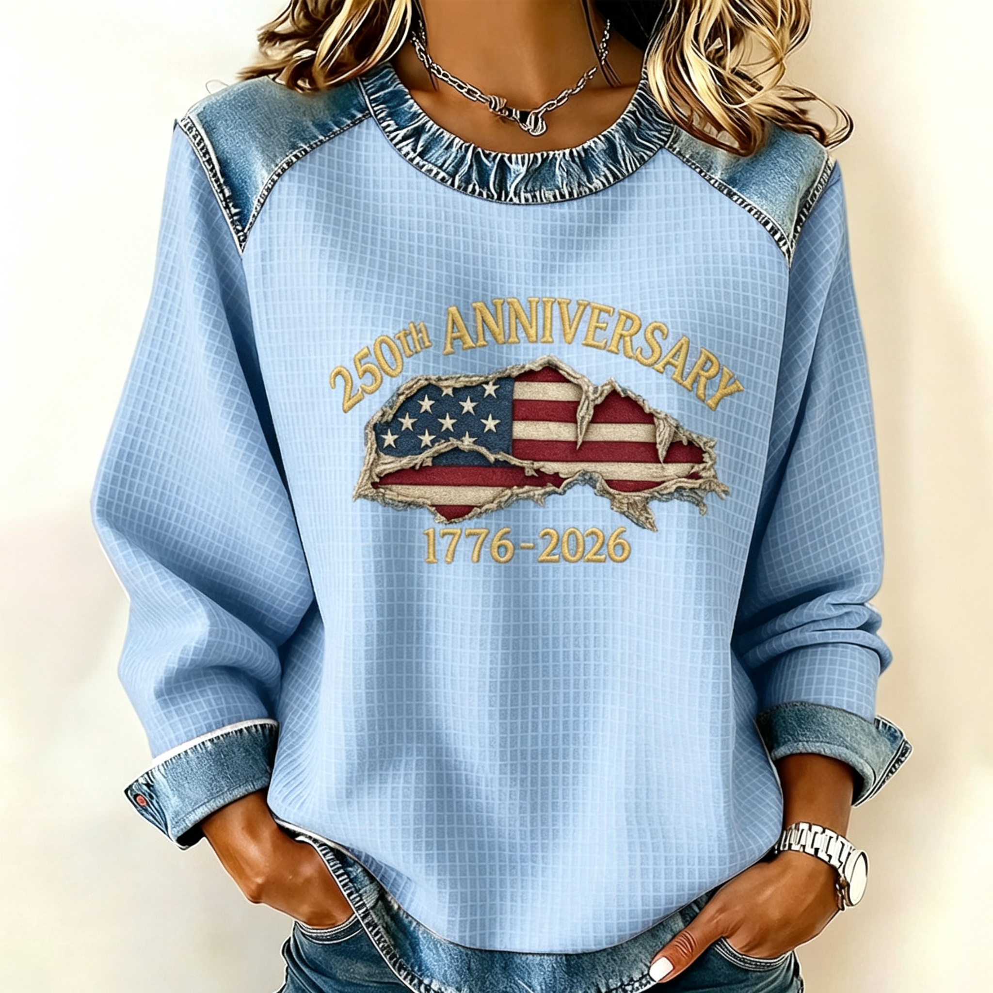 Vintage Distressed American Flag Ruffle Neck Raglan Sweatshirt