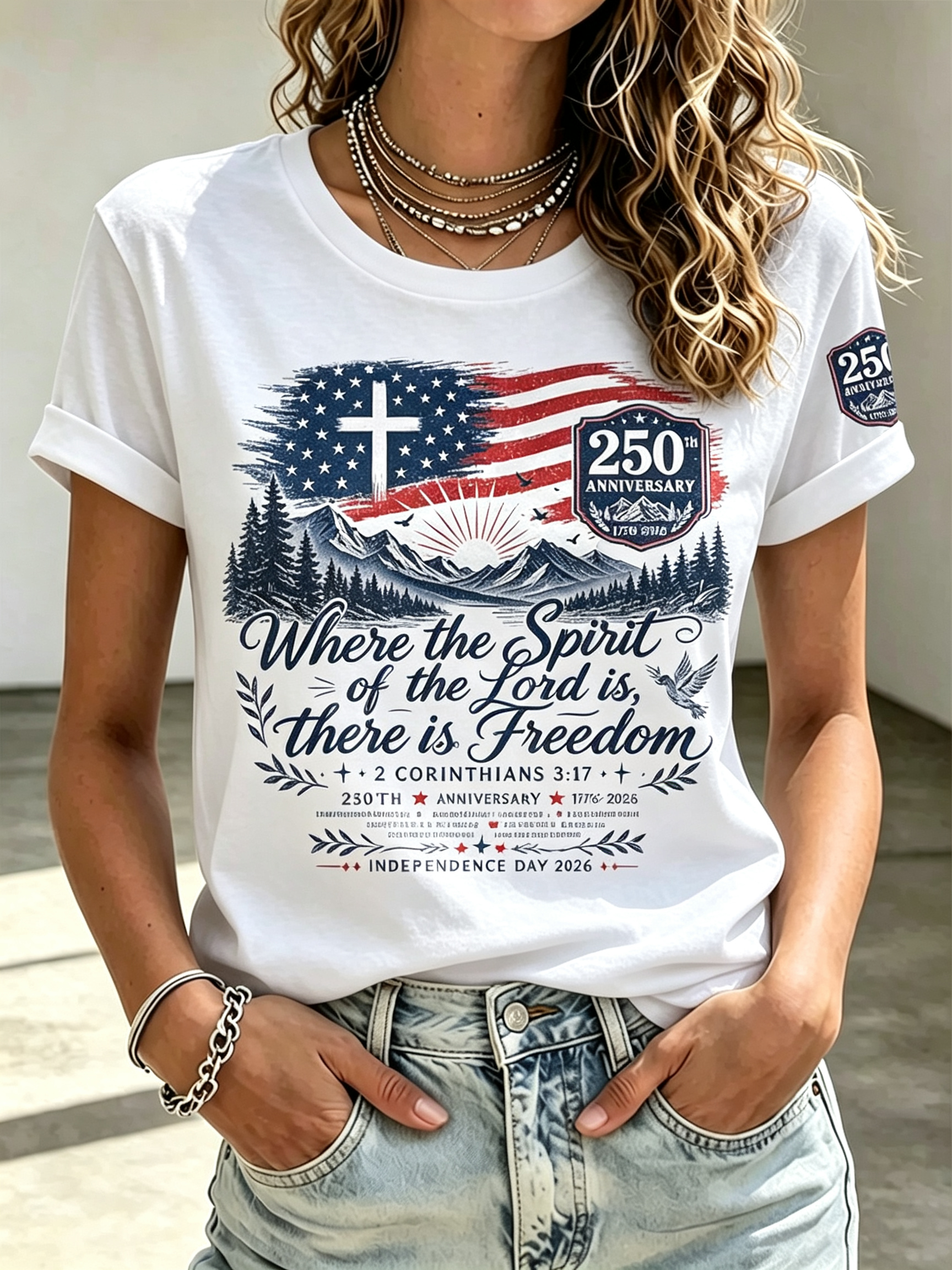 Retro Mountain Dove Cross Patriotic 1776-2026 Short Sleeve Top with Sleeve Patch Detail