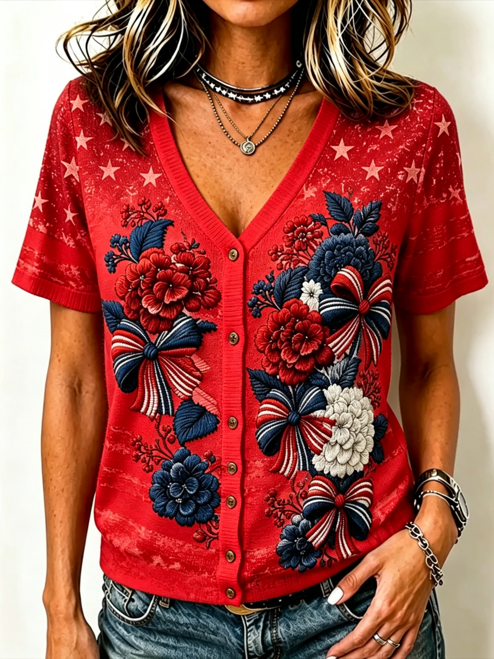 Women's Star Stripe Floral Bow Print V-Neck Short Sleeve Knit Cardigan