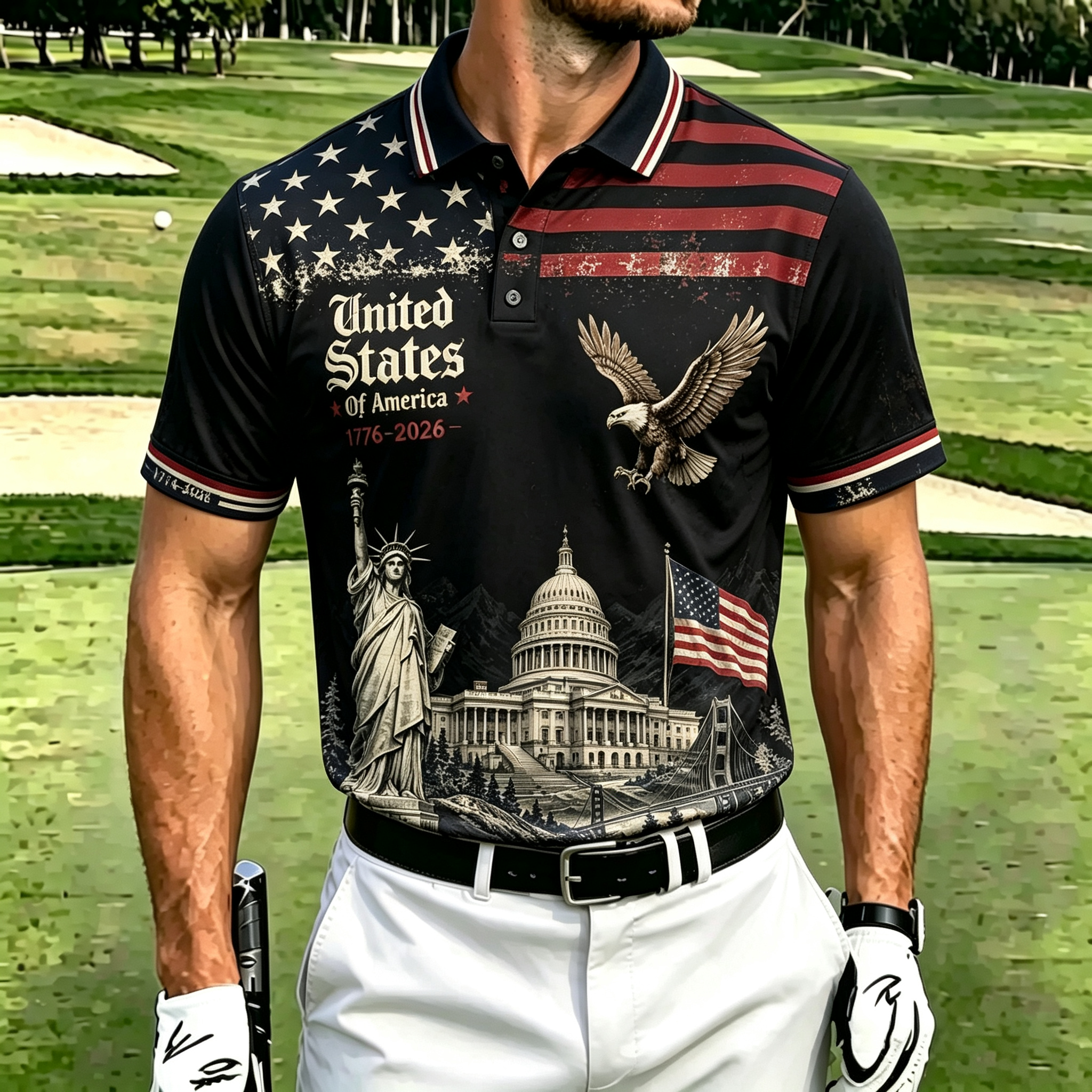 Men's Vintage USA Landmark Eagle Star Stripe Print Short Sleeve Polo Shirt