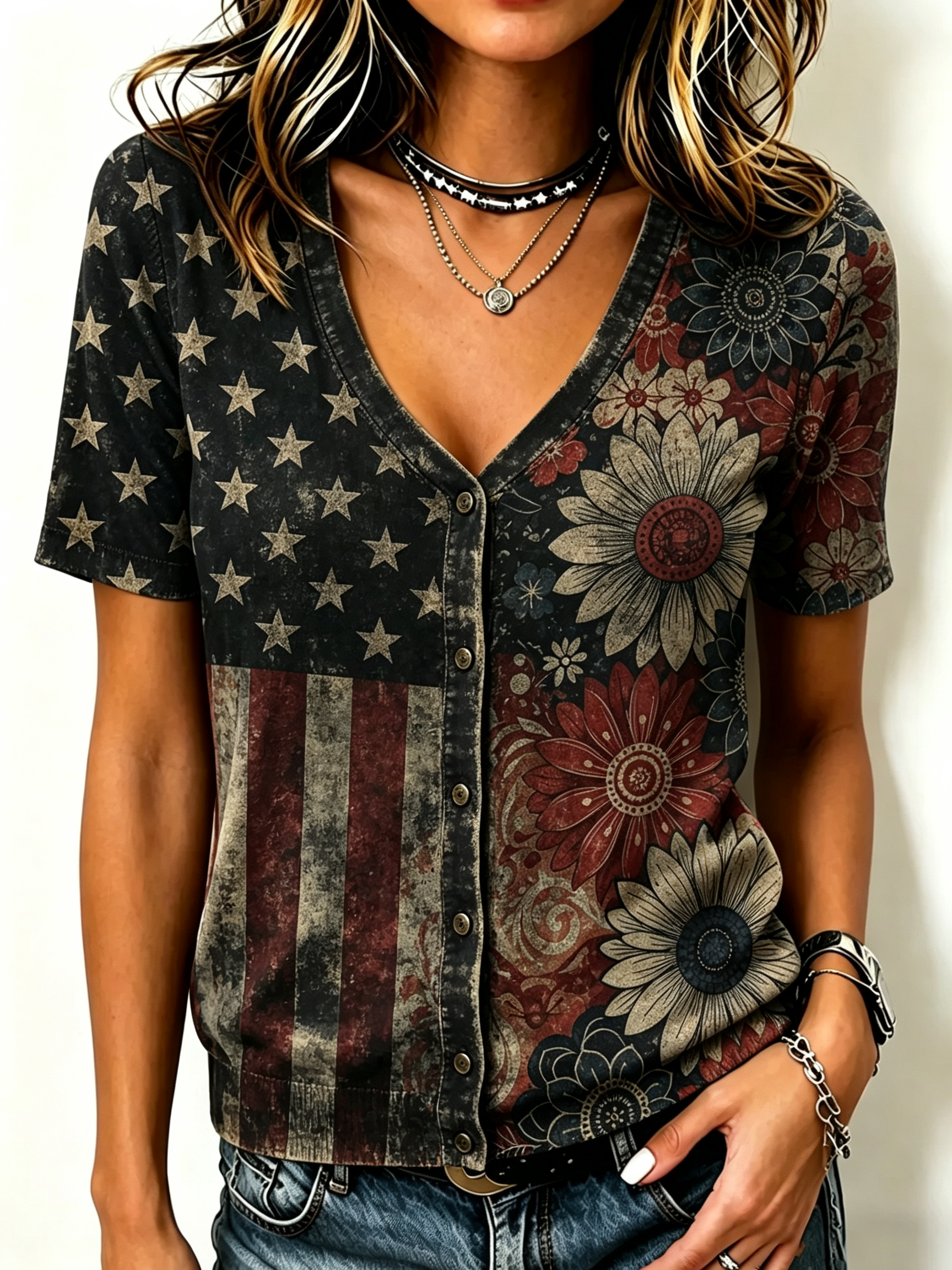 Women's Vintage Star Stripe Sunflower Floral V Neck Button Down Knit Top