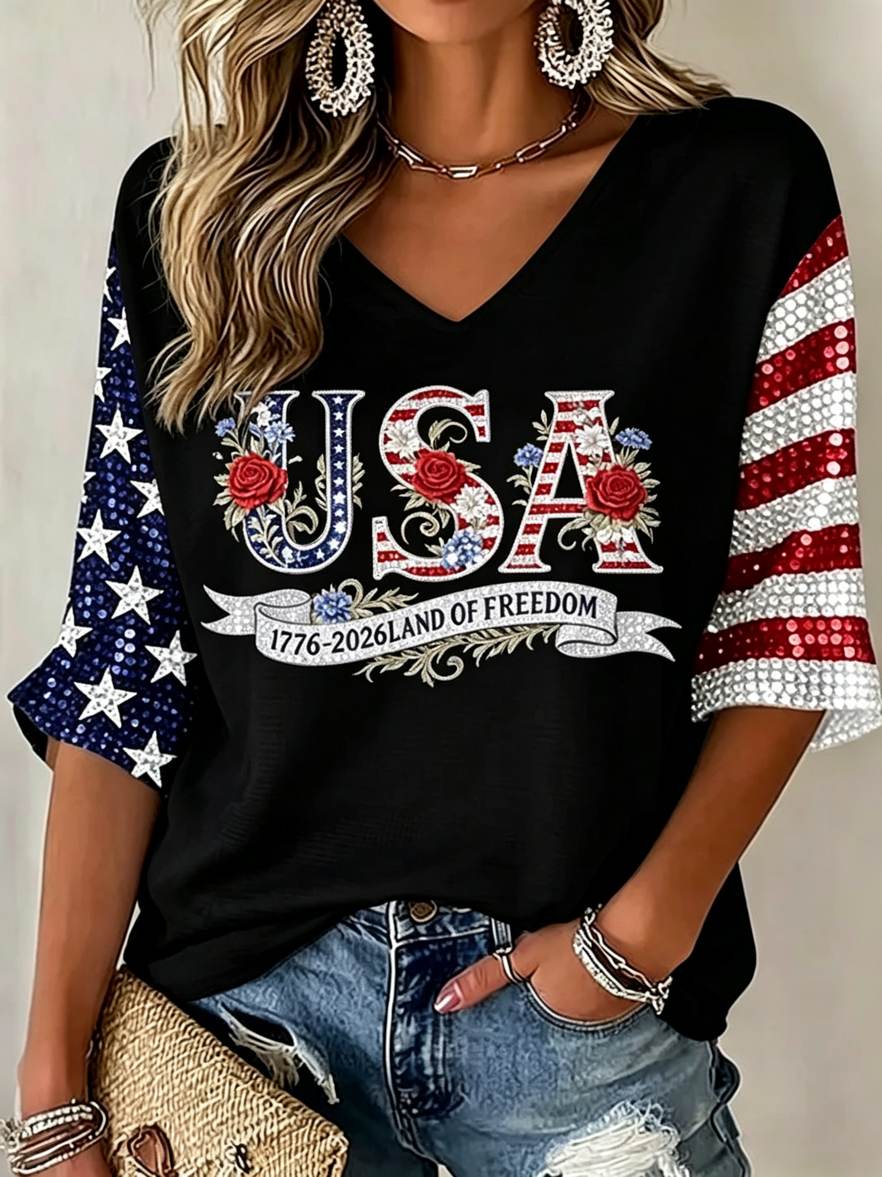 Retro Sunflower Rose Floral American Flag Lace V Neck Relax Fit Top