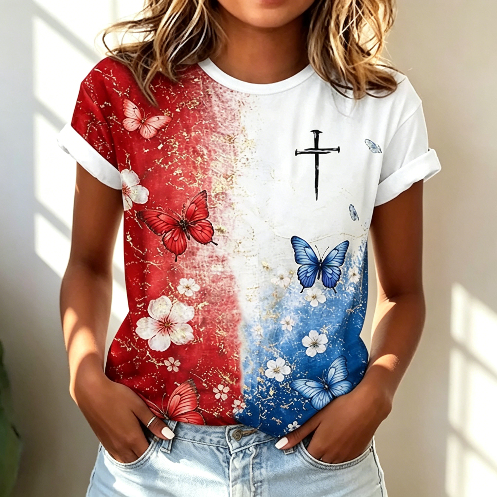Women’s Patriotic Graphic T-Shirt, Casual Short Sleeve Tee for Independence Day & Daily Wea