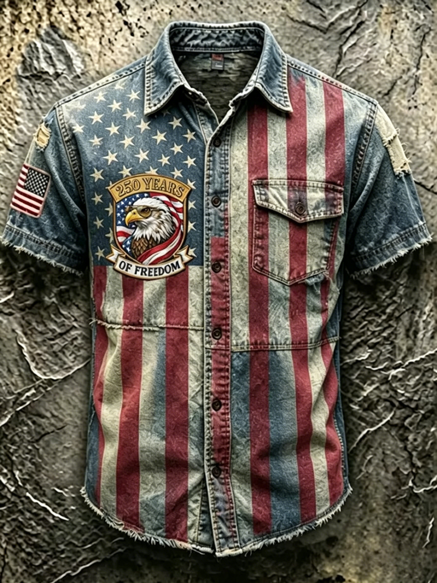 Vintage Outdoor Streetwear Men Short Sleeve Denim Shirt Patriotic Camo Two-Tone Star Stripe Flag Eagle We The People Frayed Lapel Pocket Button Up Top