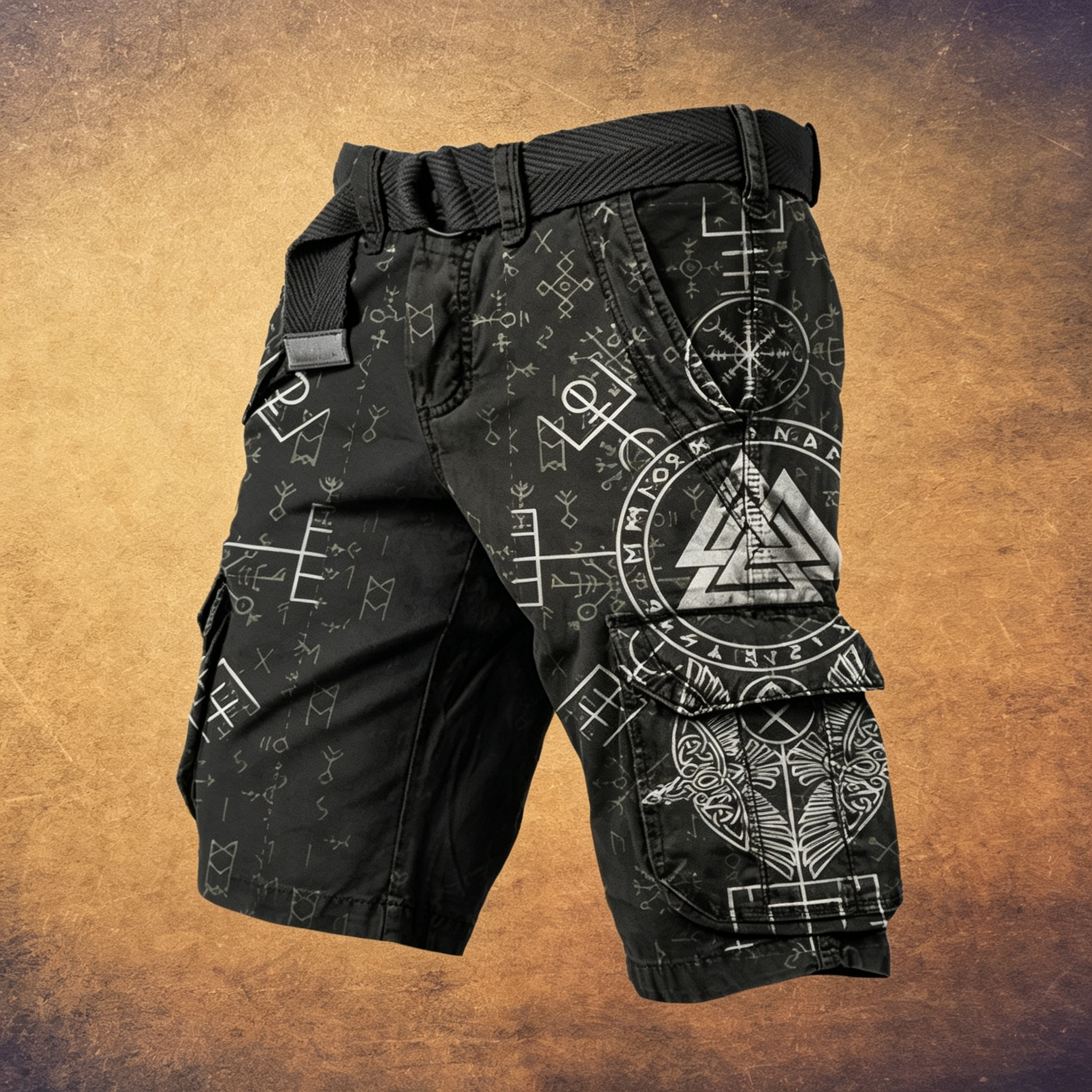 Men's Amon Amarth Viking Celtic Skull Belted Multi-Pocket Cargo Shorts
