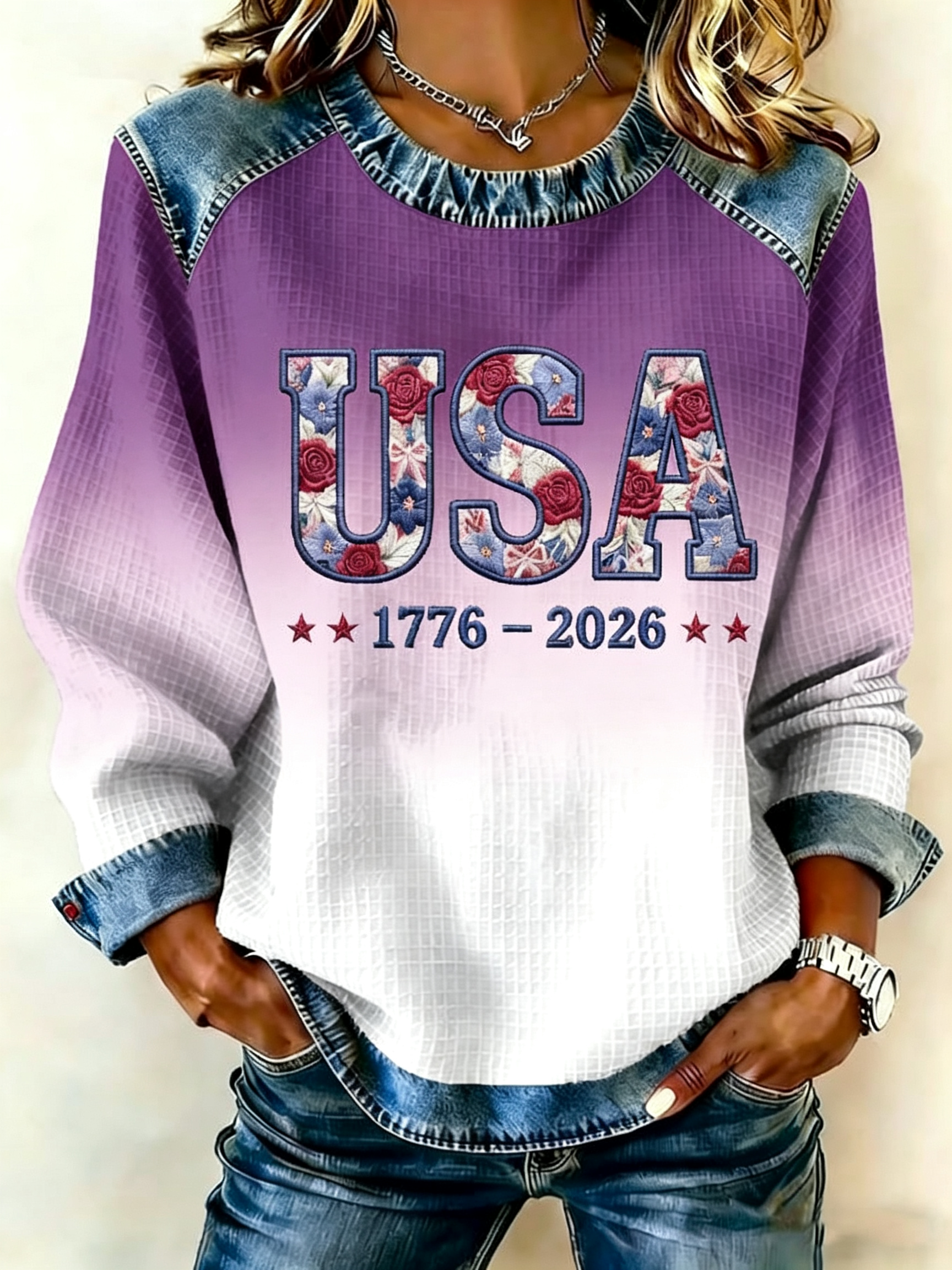 Vintage Floral USA Star Print Denim Patch Shoulder Long Sleeve Blouse
