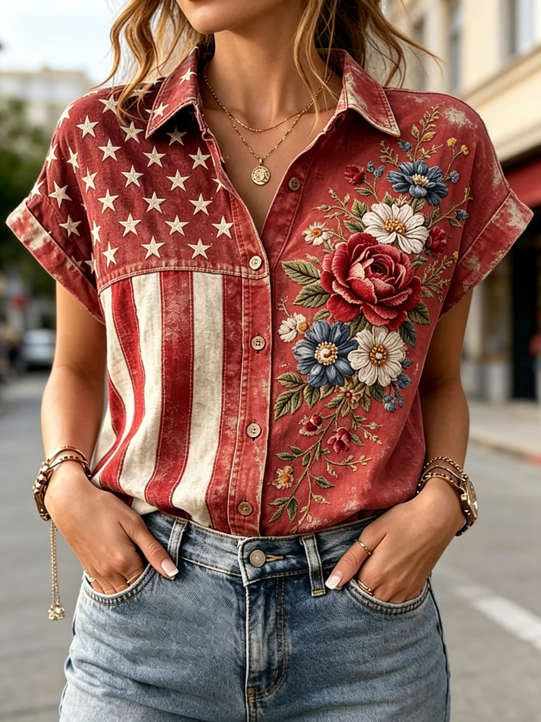 Women's Star Stripe Color Block Floral Embossed Short Sleeve Button Down Shirt