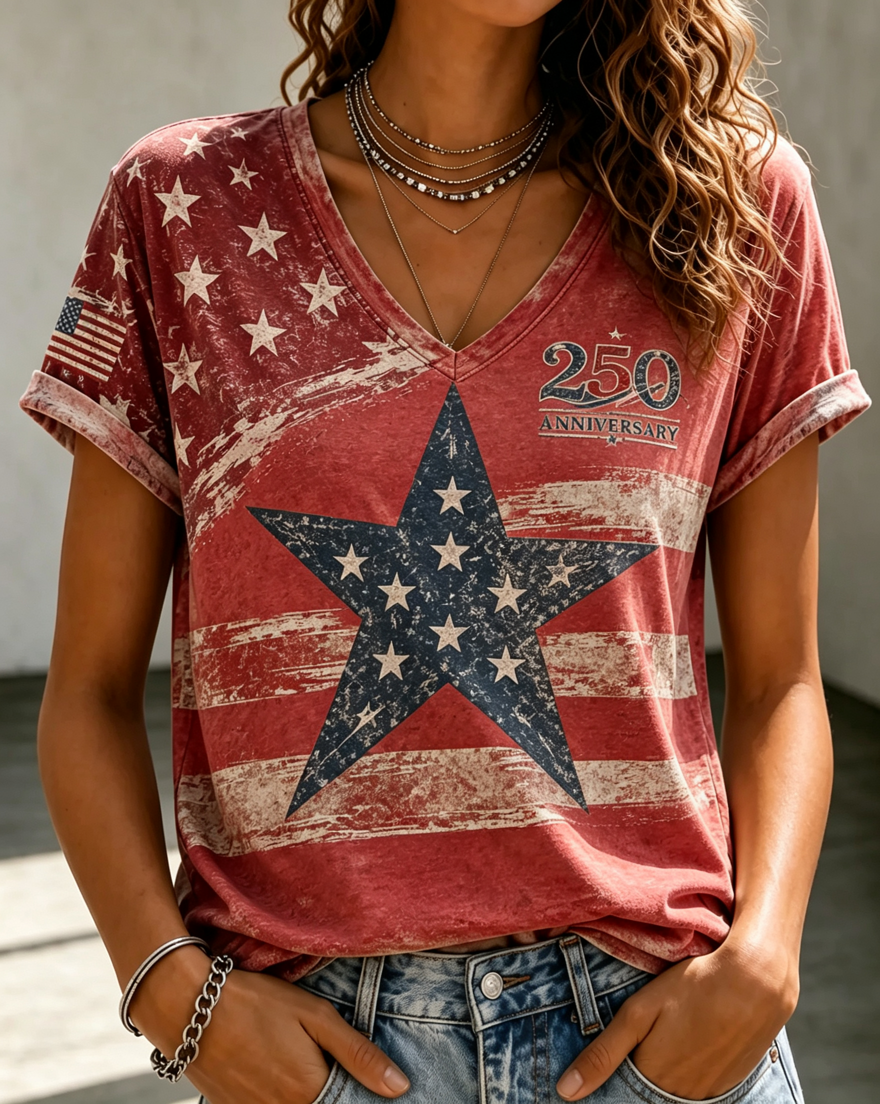 Women's Vintage Distressed Star Stripe 250 Anniversary V Neck Roll Sleeve T-Shirt