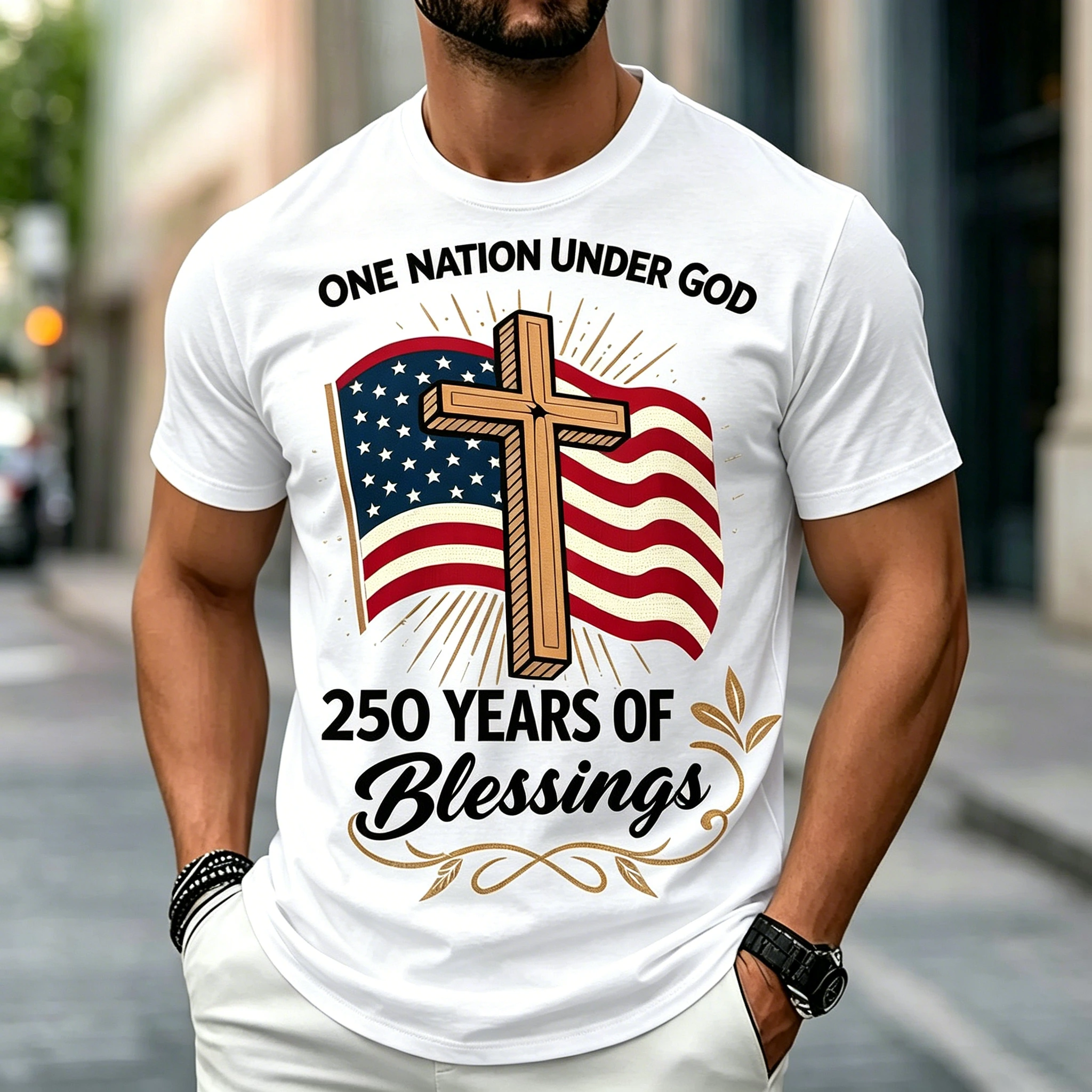 Men's One Nation Under God Cross & American Flag 250 Years of Blessings Patriotic Graphic Tee