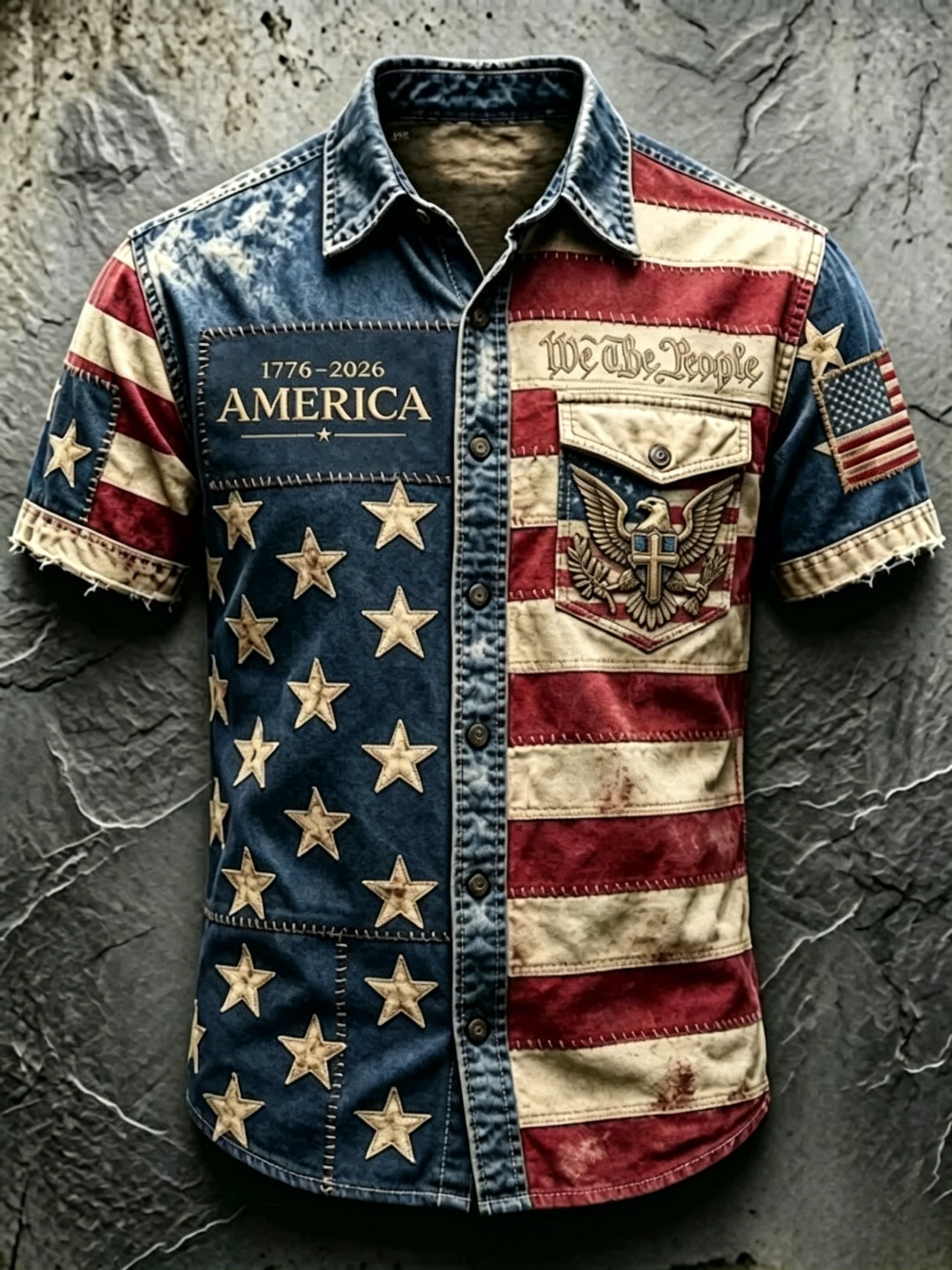 Vintage Outdoor Streetwear Men Short Sleeve Denim Shirt Patriotic Camo Two-Tone Star Stripe Flag Eagle We The People Frayed Lapel Pocket Button Up Top