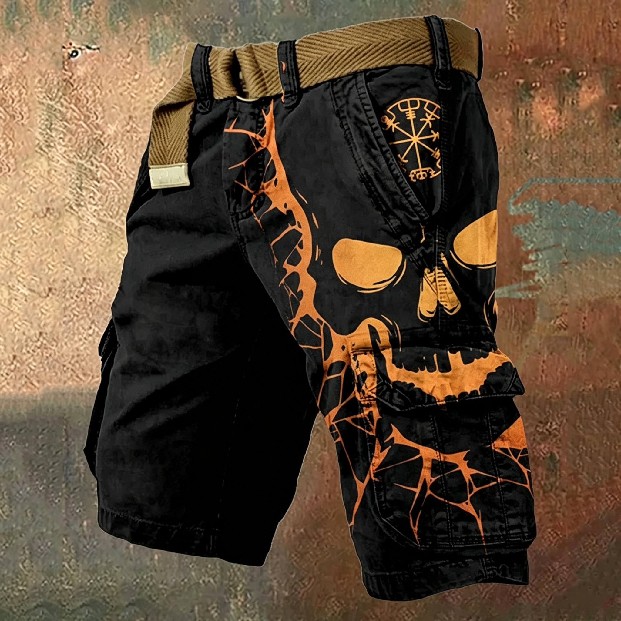 Men's Amon Amarth Viking Celtic Skull Belted Multi-Pocket Cargo Shorts