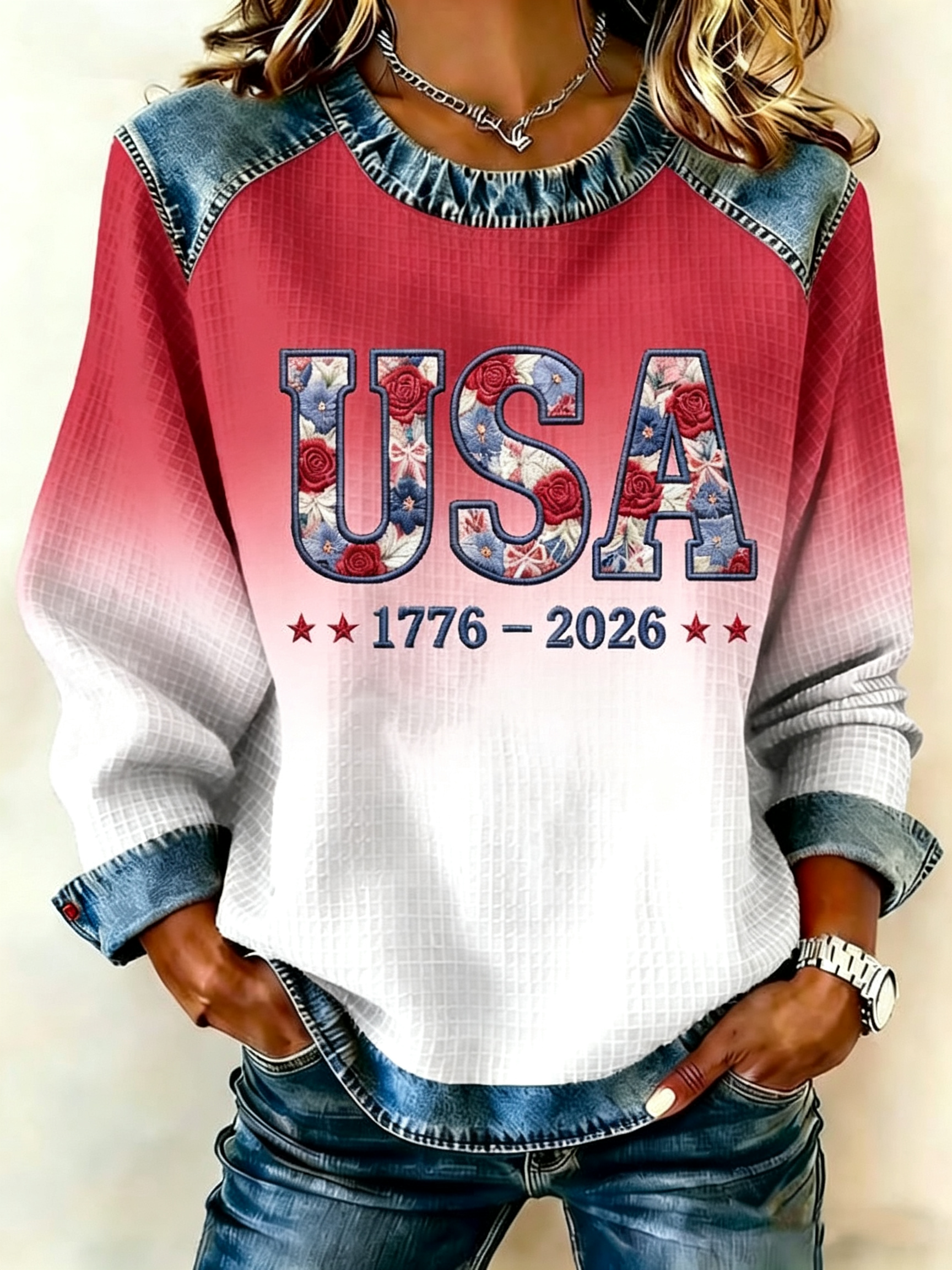 Vintage Floral USA Star Print Denim Patch Shoulder Long Sleeve Blouse