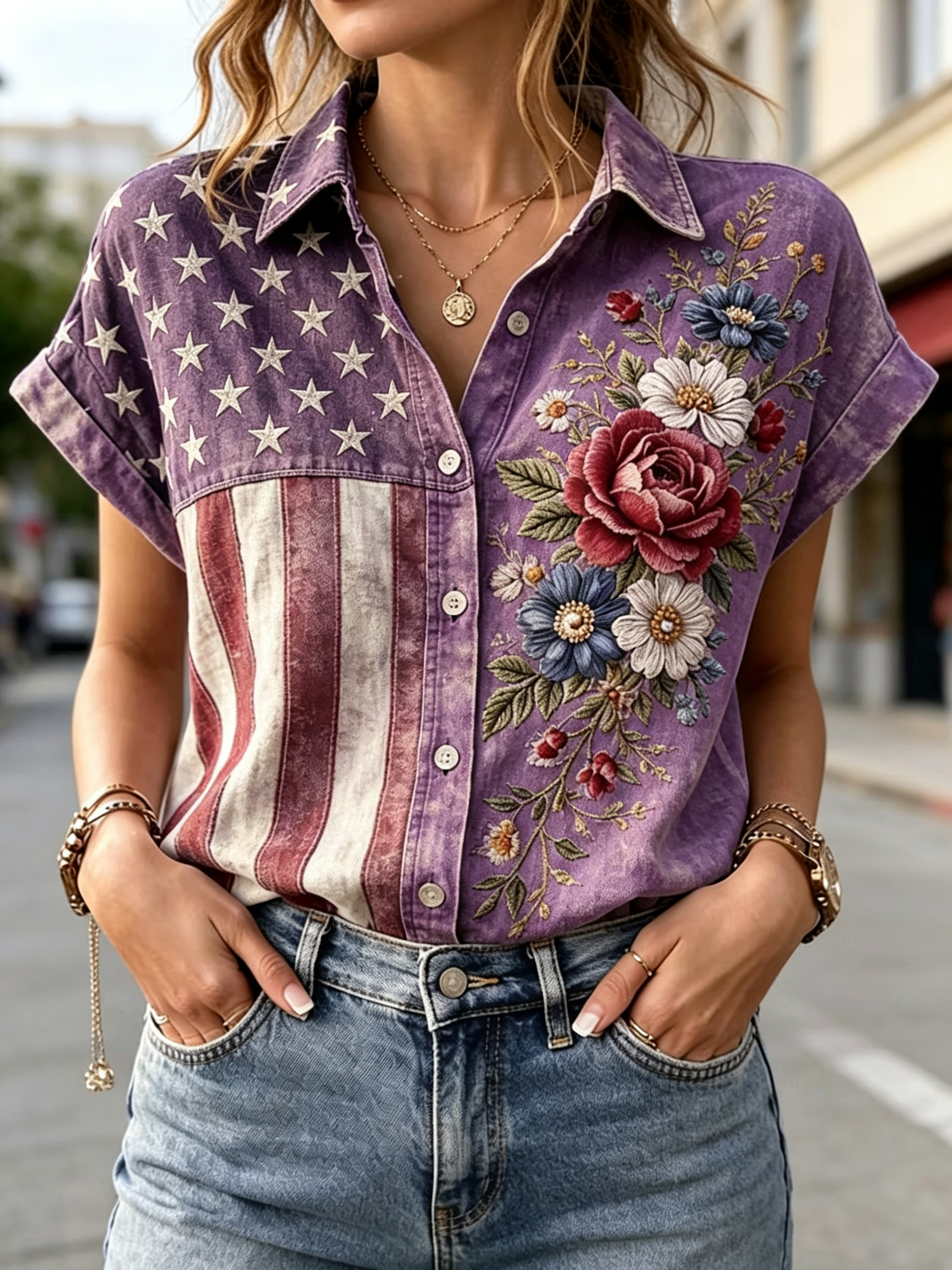 Women's Star Stripe Color Block Floral Embossed Short Sleeve Button Down Shirt