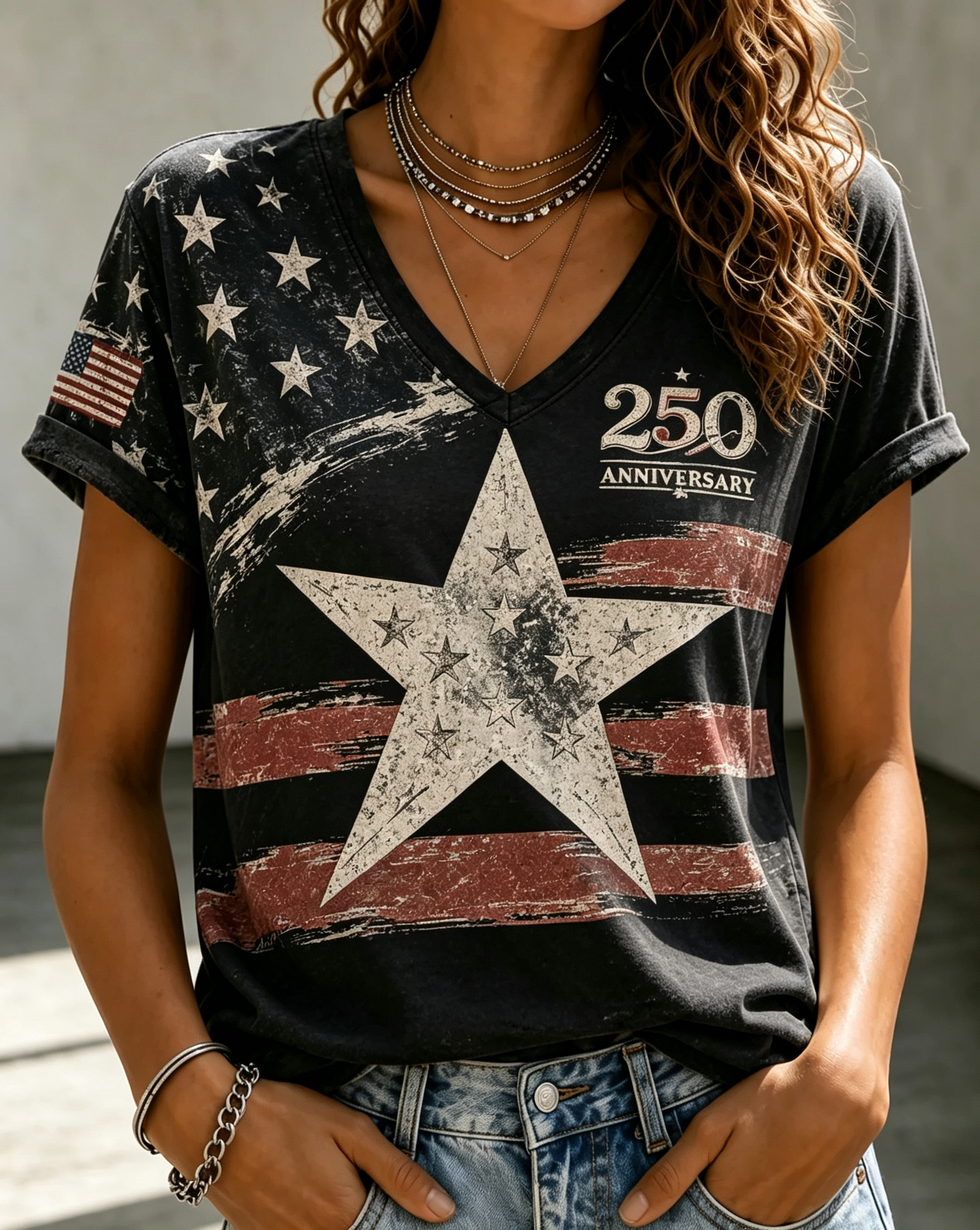 Women's Vintage Distressed Star Stripe 250 Anniversary V Neck Roll Sleeve T-Shirt