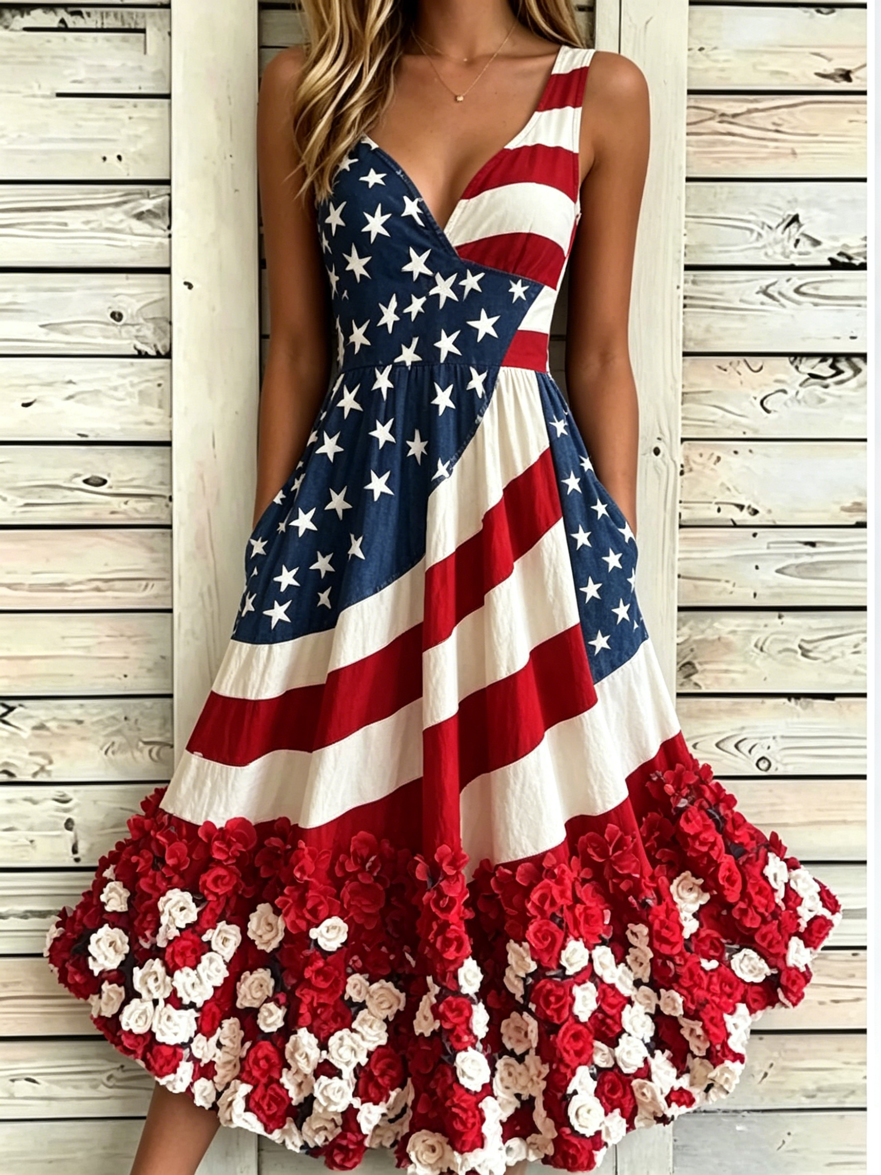 Women’s Patriotic American Flag Print Midi Dress, Sleeveless V-Neck Floral Hem Casual Dress