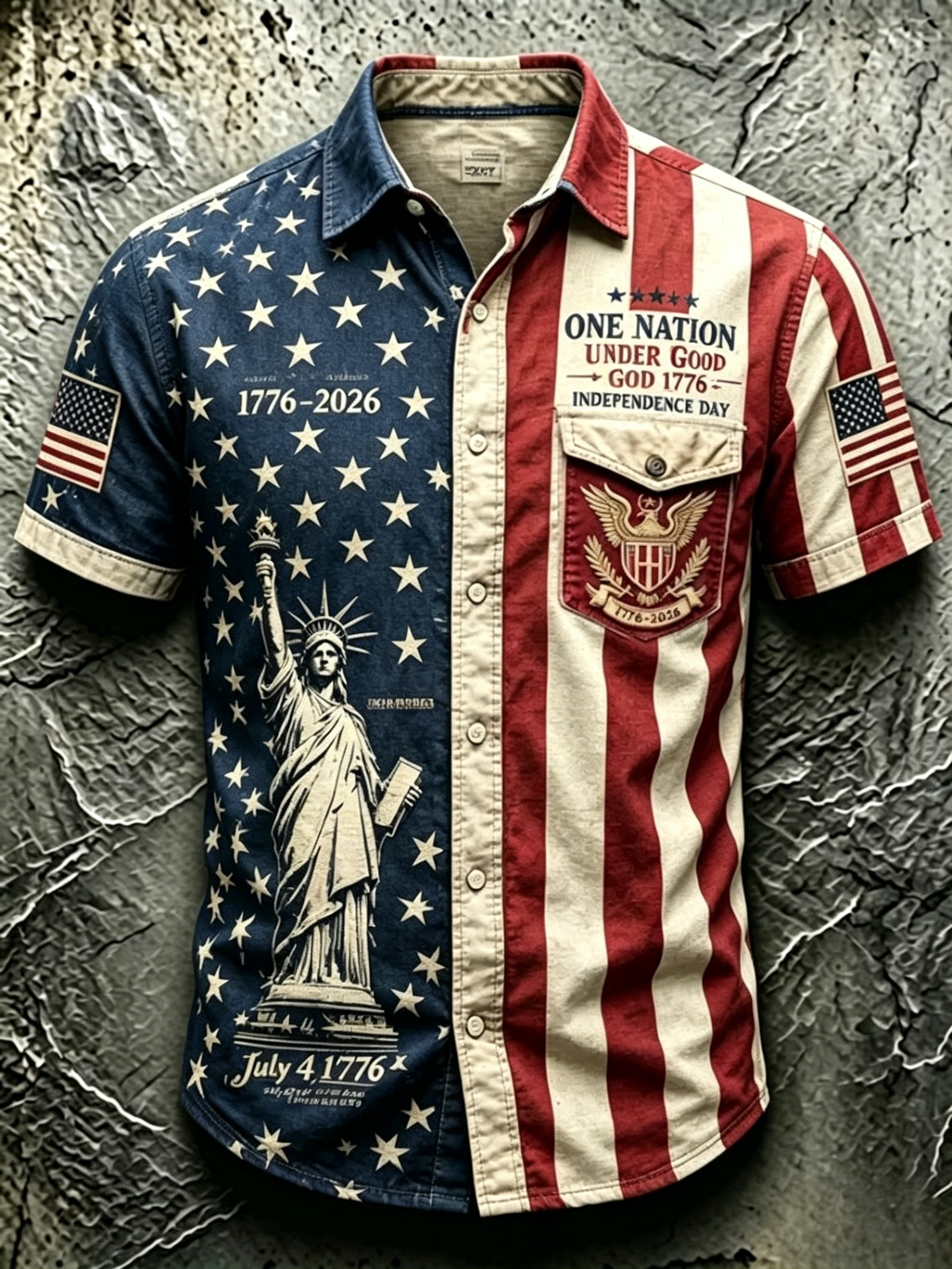 Frayed Edge Patchwork Plaid Palm Leaf Flag Pattern Men Outdoor Denim Top