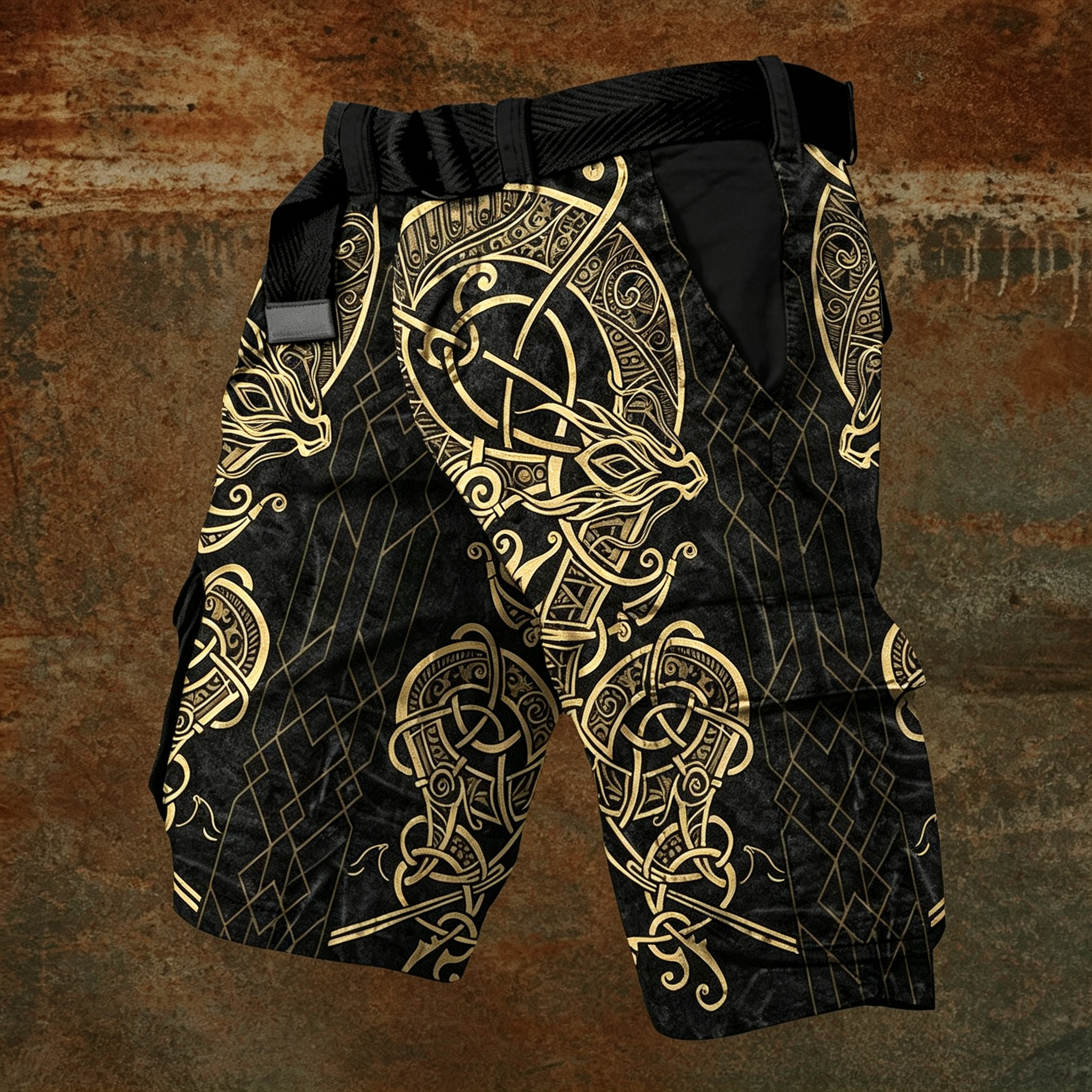 Men's Amon Amarth Viking Celtic Skull Belted Multi-Pocket Cargo Shorts