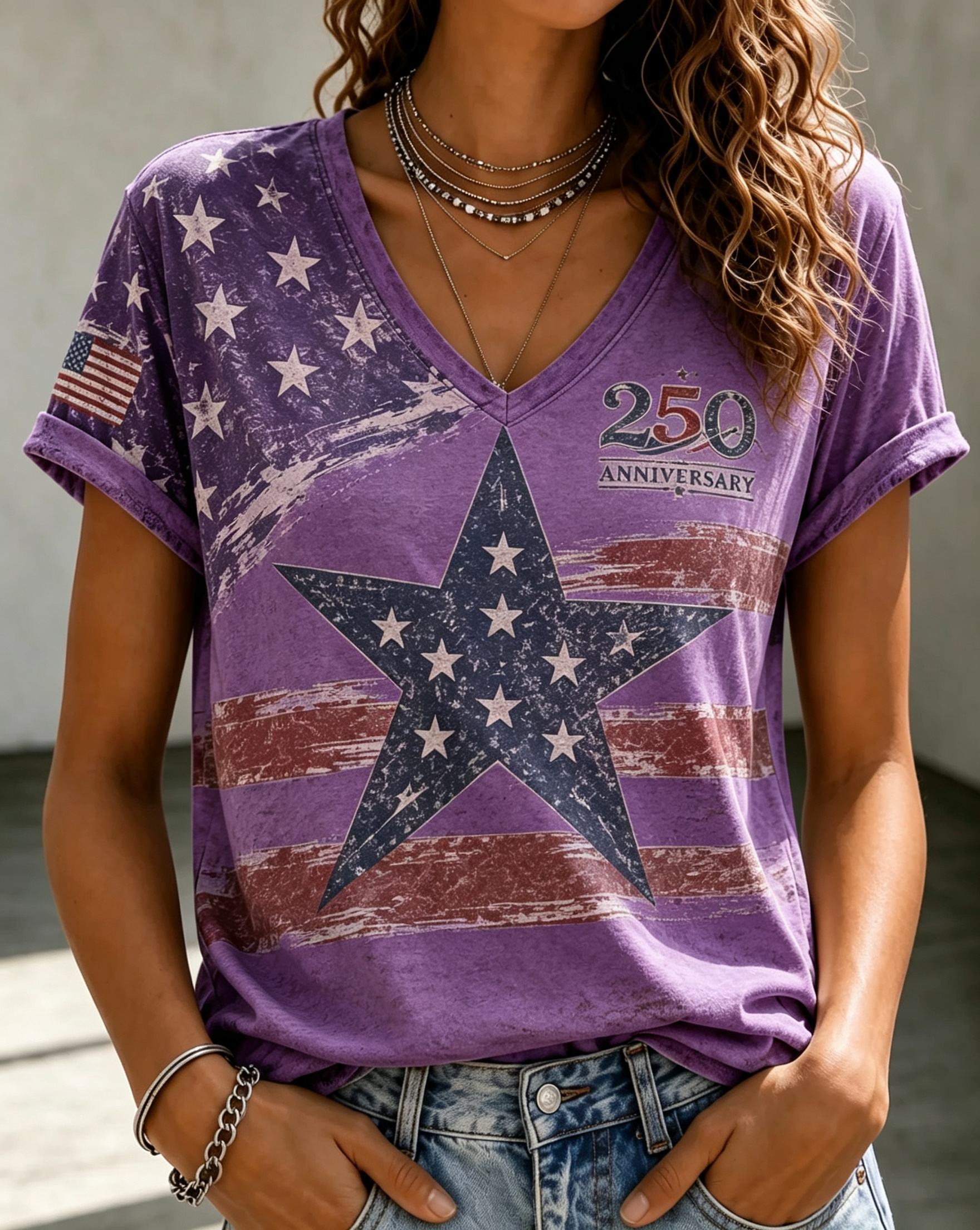 Women's Vintage Distressed Star Stripe 250 Anniversary V Neck Roll Sleeve T-Shirt