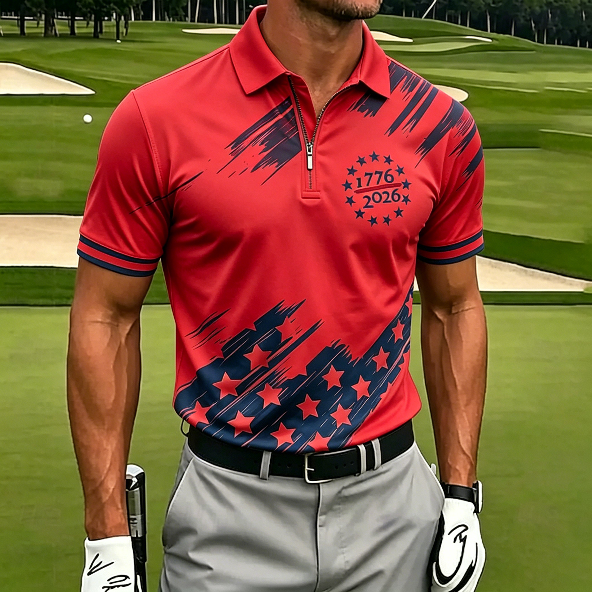 Stylish 1776 USA Themed Men's Polo Shirt, Short Sleeve Quarter-Zip Casual & Sports Performance Top