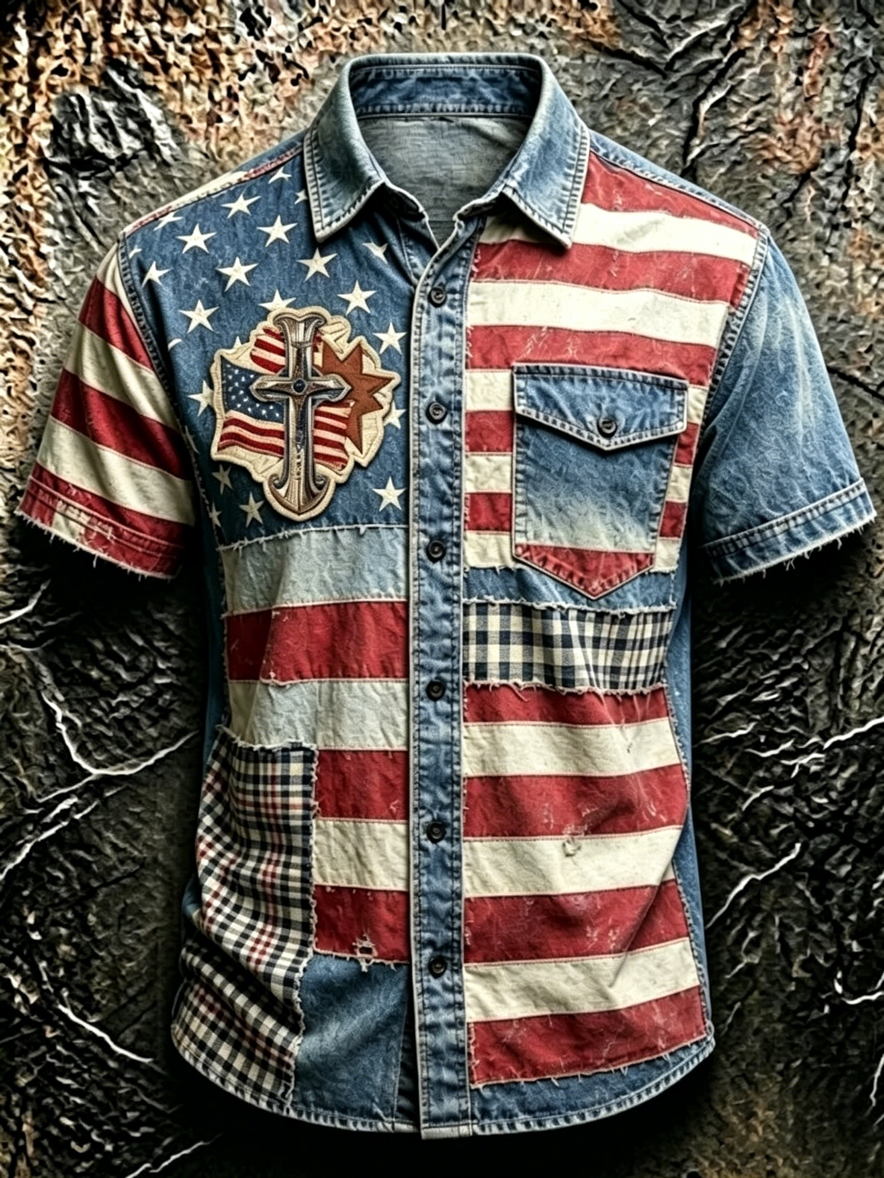 Frayed Edge Patchwork Plaid Palm Leaf Flag Pattern Men Outdoor Denim Top