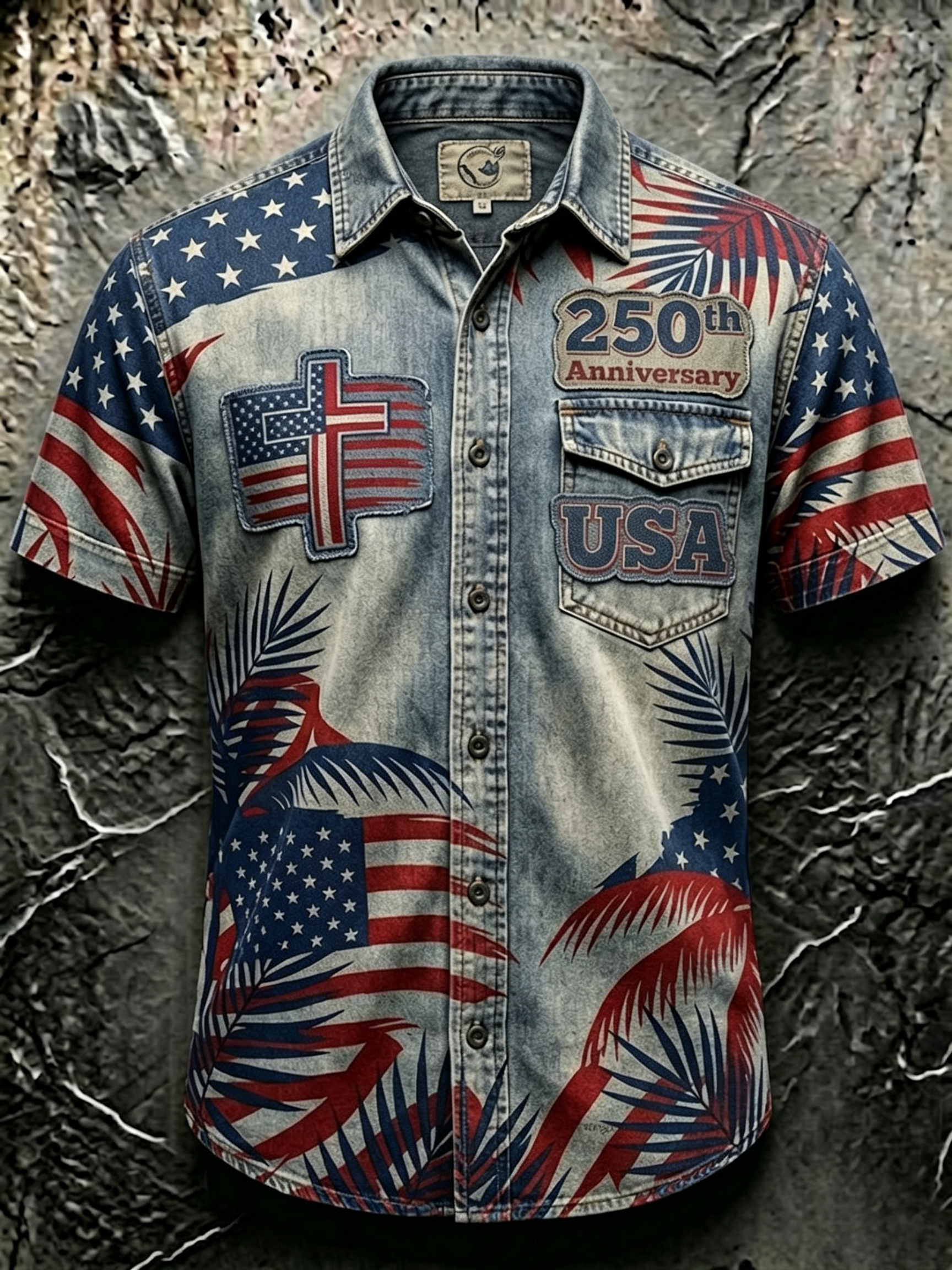 Frayed Edge Patchwork Plaid Palm Leaf Flag Pattern Men Outdoor Denim Top