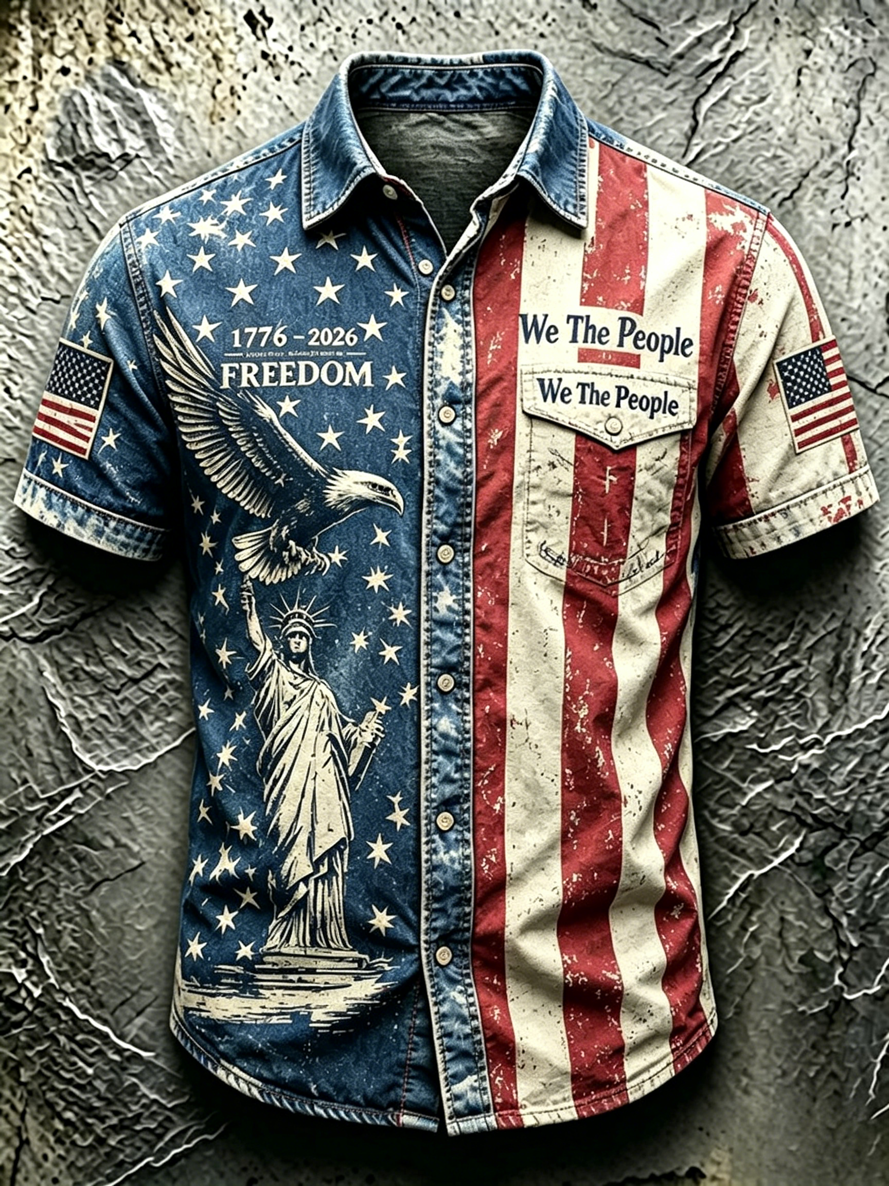 Frayed Edge Patchwork Plaid Palm Leaf Flag Pattern Men Outdoor Denim Top