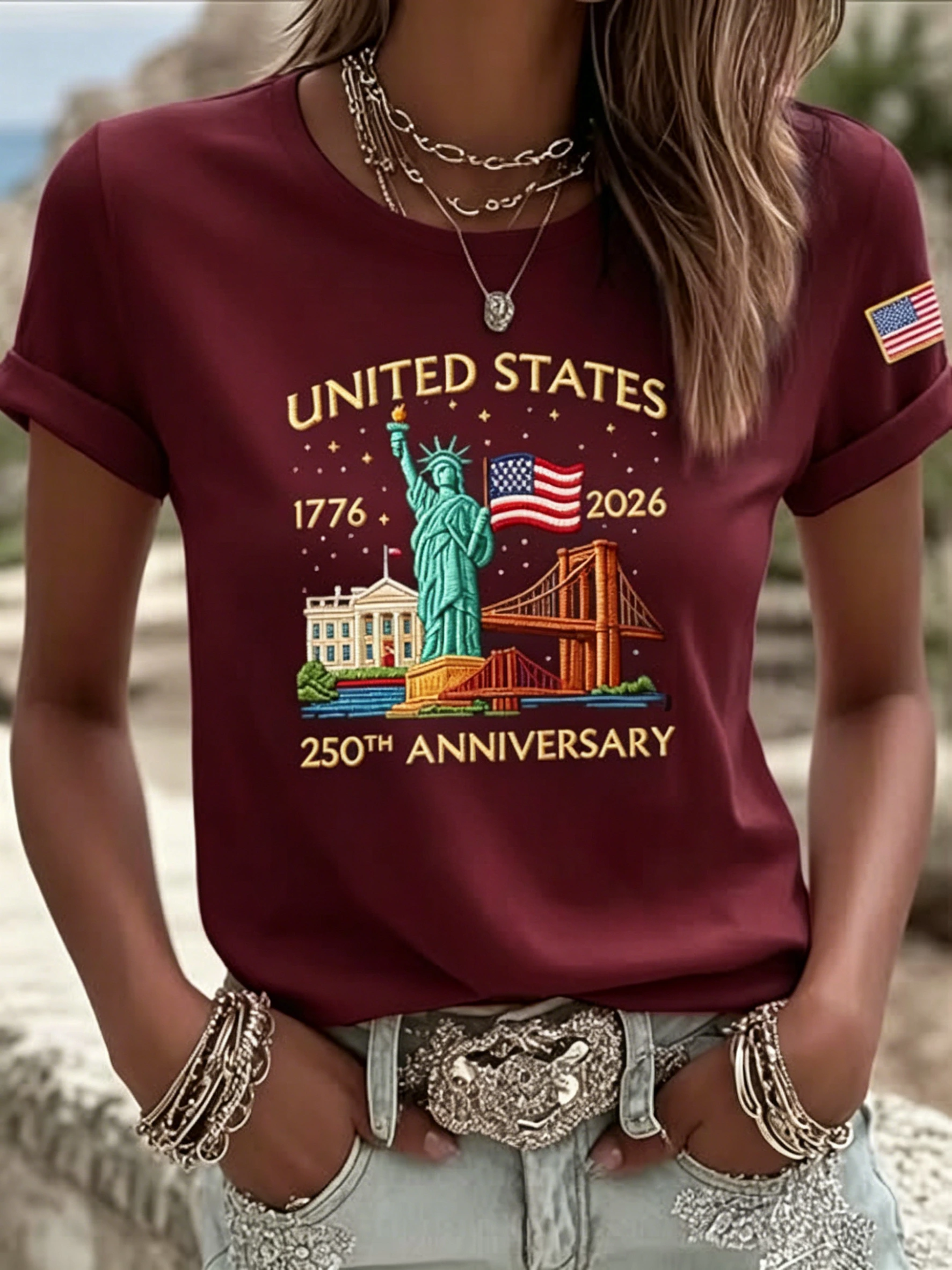 Women's USA 250th Anniversary Graphic T-Shirt 🇺🇸 | Statue of Liberty Patriotic Casual Short Sleeve Tee