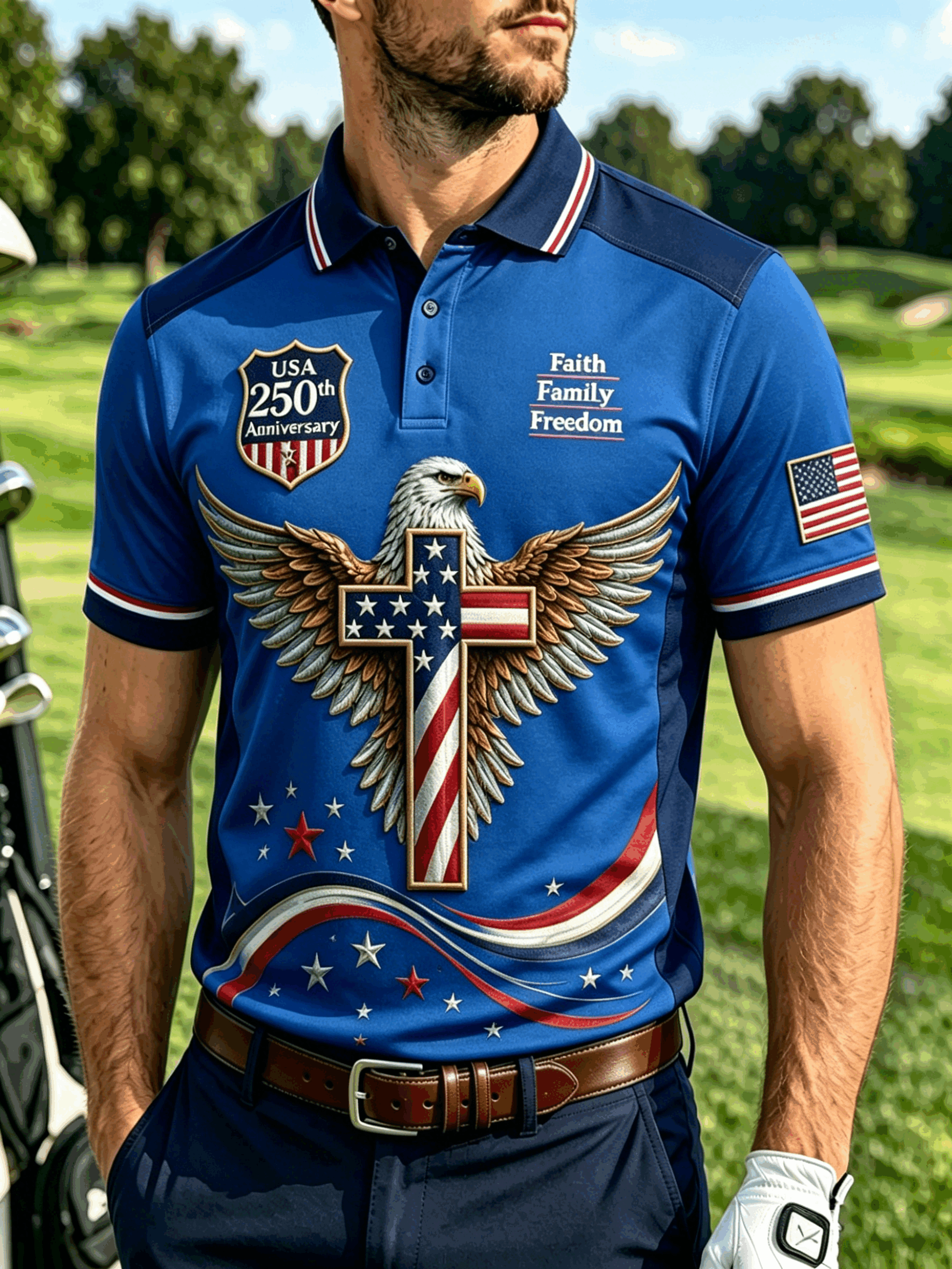Men's 1776-2026 250 Years Bald Eagle Statue of Liberty Camo Sleeve Golf Polo Shirt