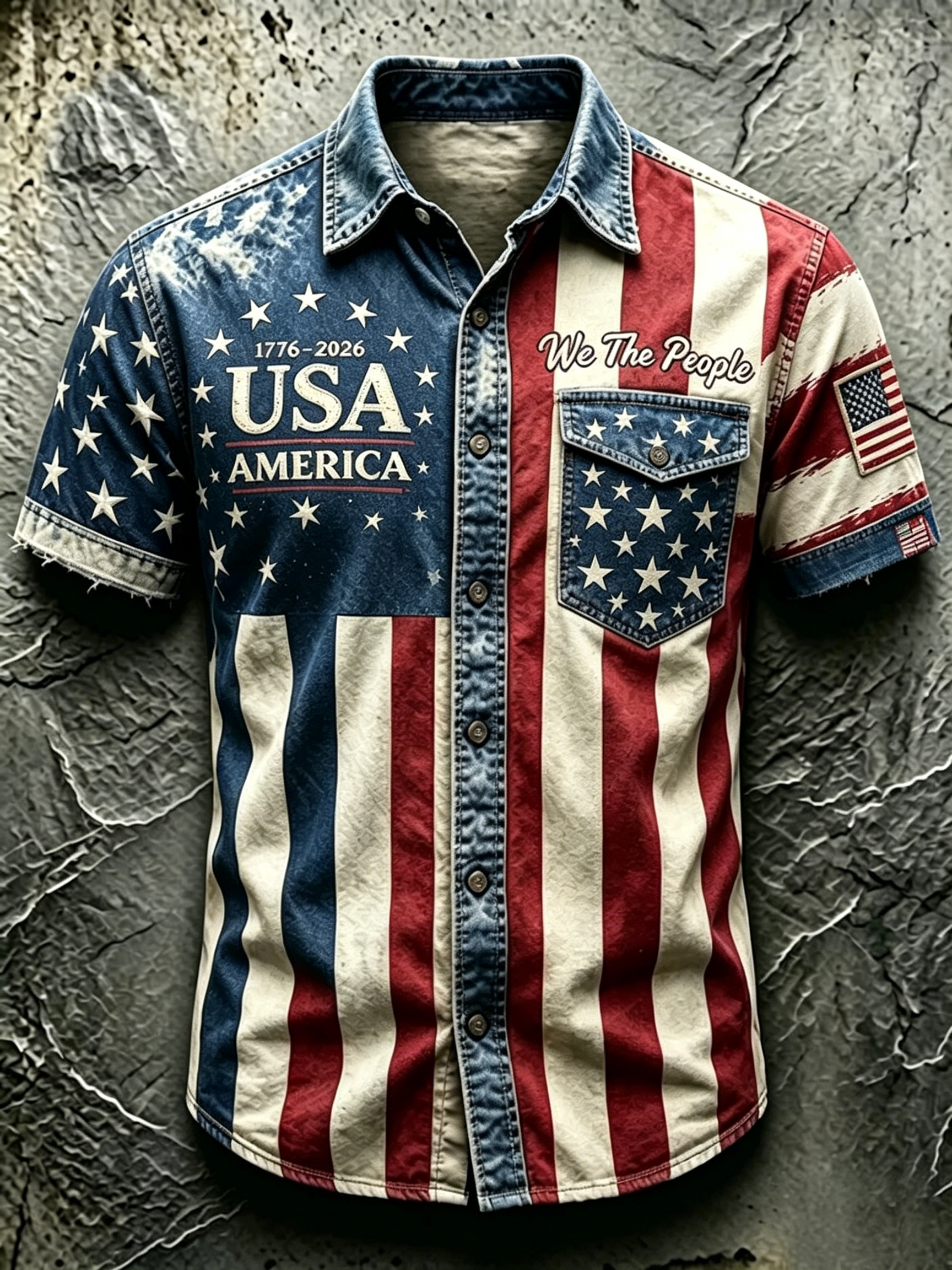 Frayed Edge Patchwork Plaid Palm Leaf Flag Pattern Men Outdoor Denim Top