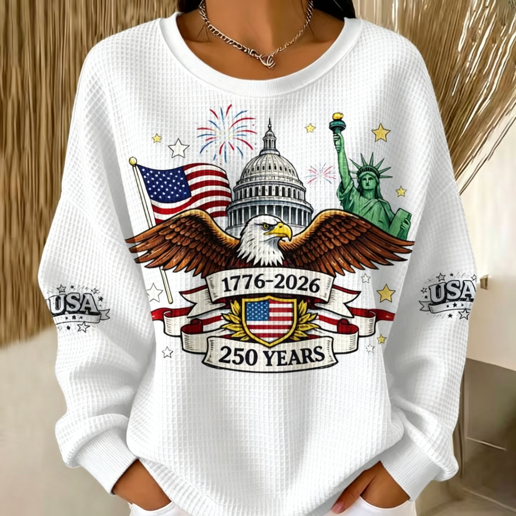 Women's Eagle Statue of Liberty 250 Years Patriotic Waffle Knit Sweatshirt