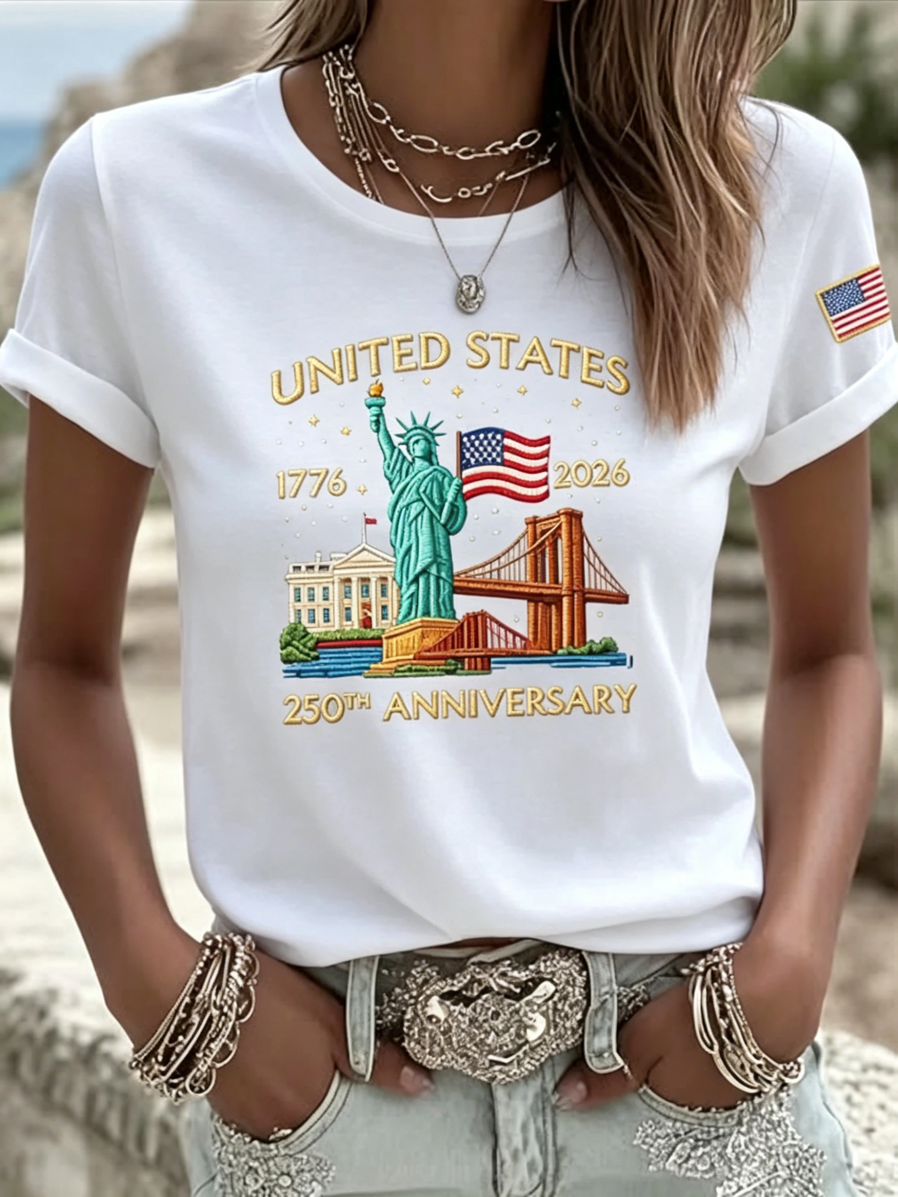 Women's USA 250th Anniversary Graphic T-Shirt 🇺🇸 | Statue of Liberty Patriotic Casual Short Sleeve Tee