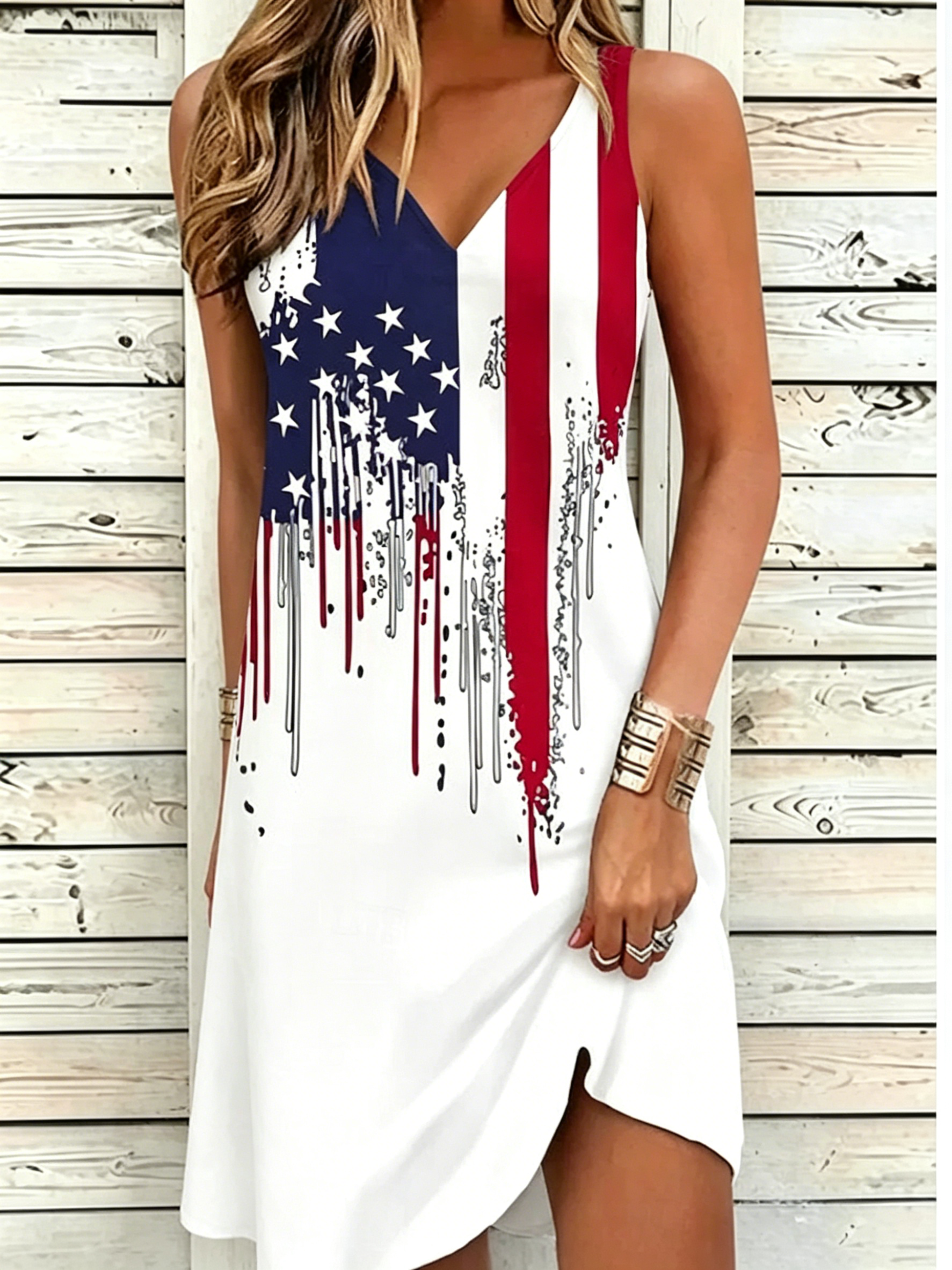 Summer Patriotic Stars & Stripes Dress, Casual V-Neck Sleeveless Dress for Holiday Events