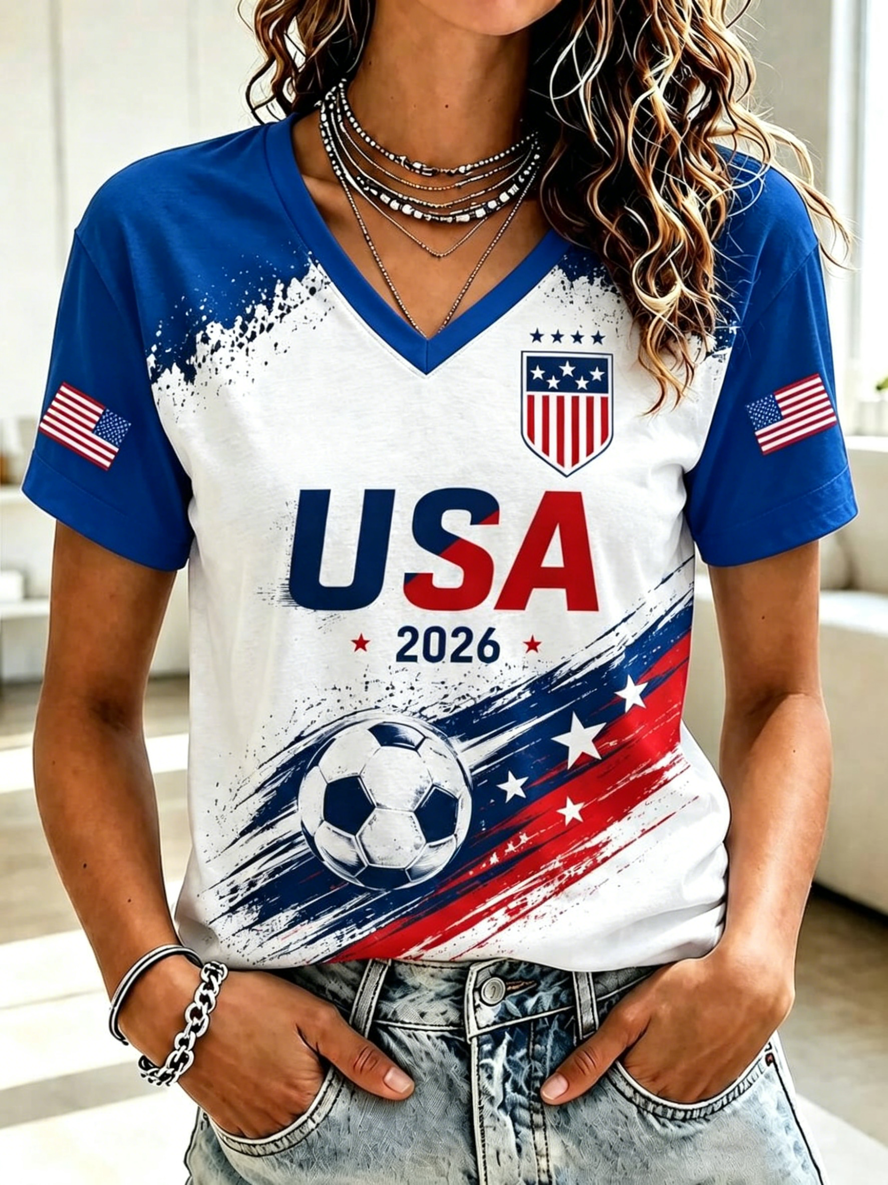 2026 World Cup USA Football Fan Raglan Sleeve V Neck Casual Tee