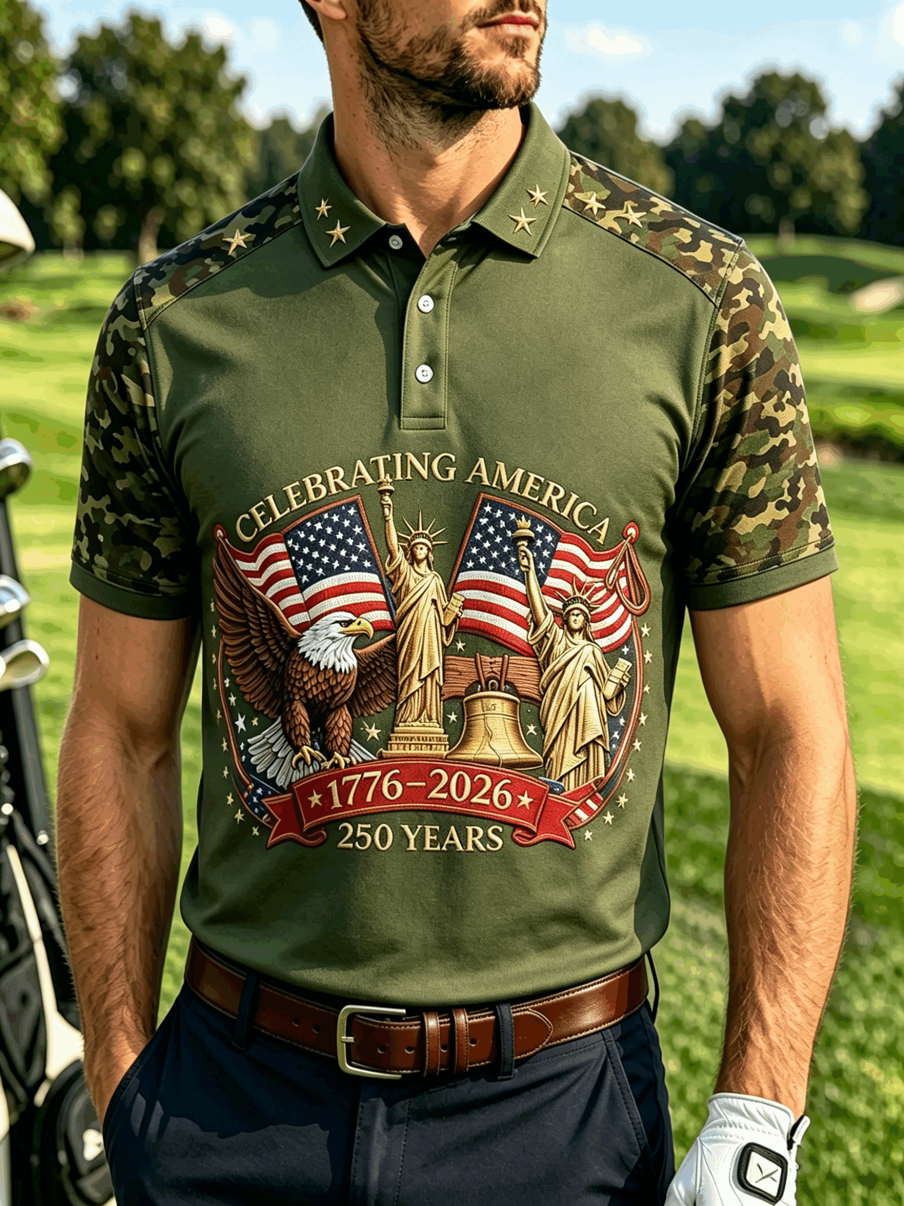 Celebrating America Patriotic Retro Print Camo Raglan Men's Daily Wear Golf Collared Shirt