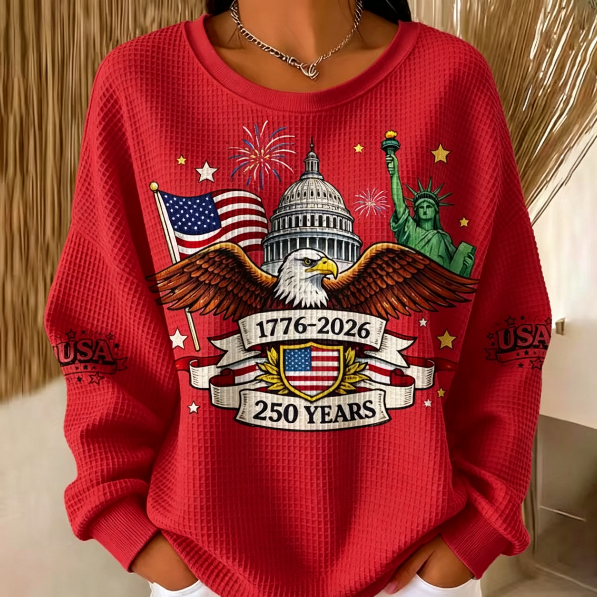 Women's Eagle Statue of Liberty 250 Years Patriotic Waffle Knit Sweatshirt