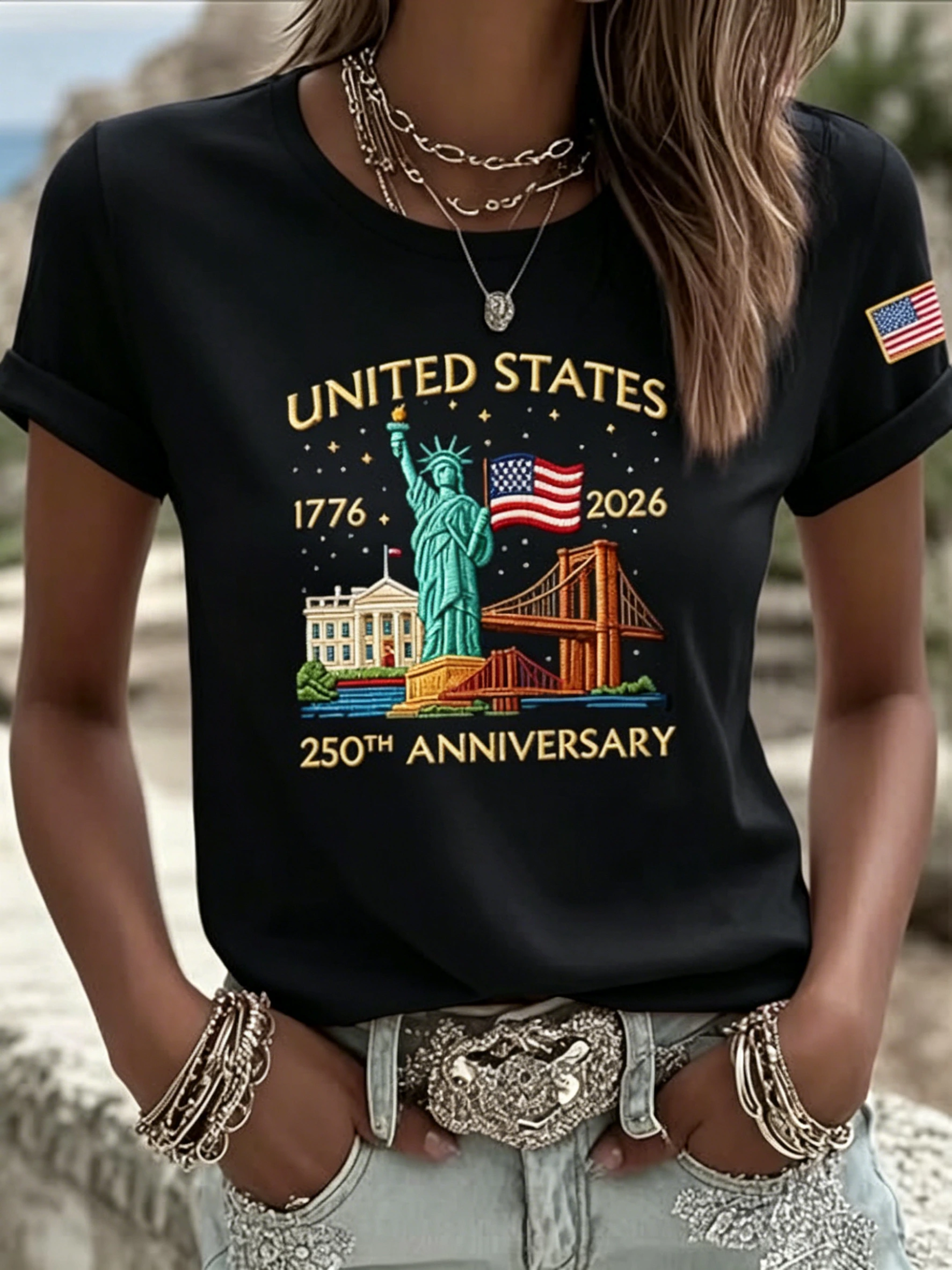 Women's USA 250th Anniversary Graphic T-Shirt 🇺🇸 | Statue of Liberty Patriotic Casual Short Sleeve Tee