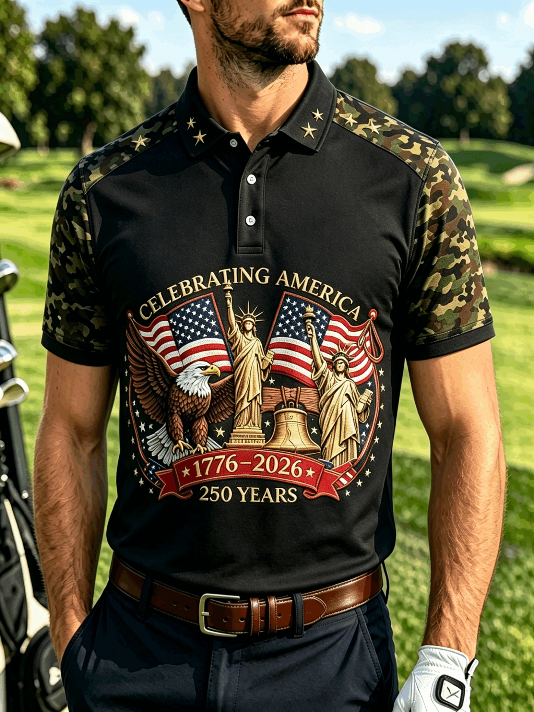 Celebrating America Patriotic Retro Print Camo Raglan Men's Daily Wear Golf Collared Shirt