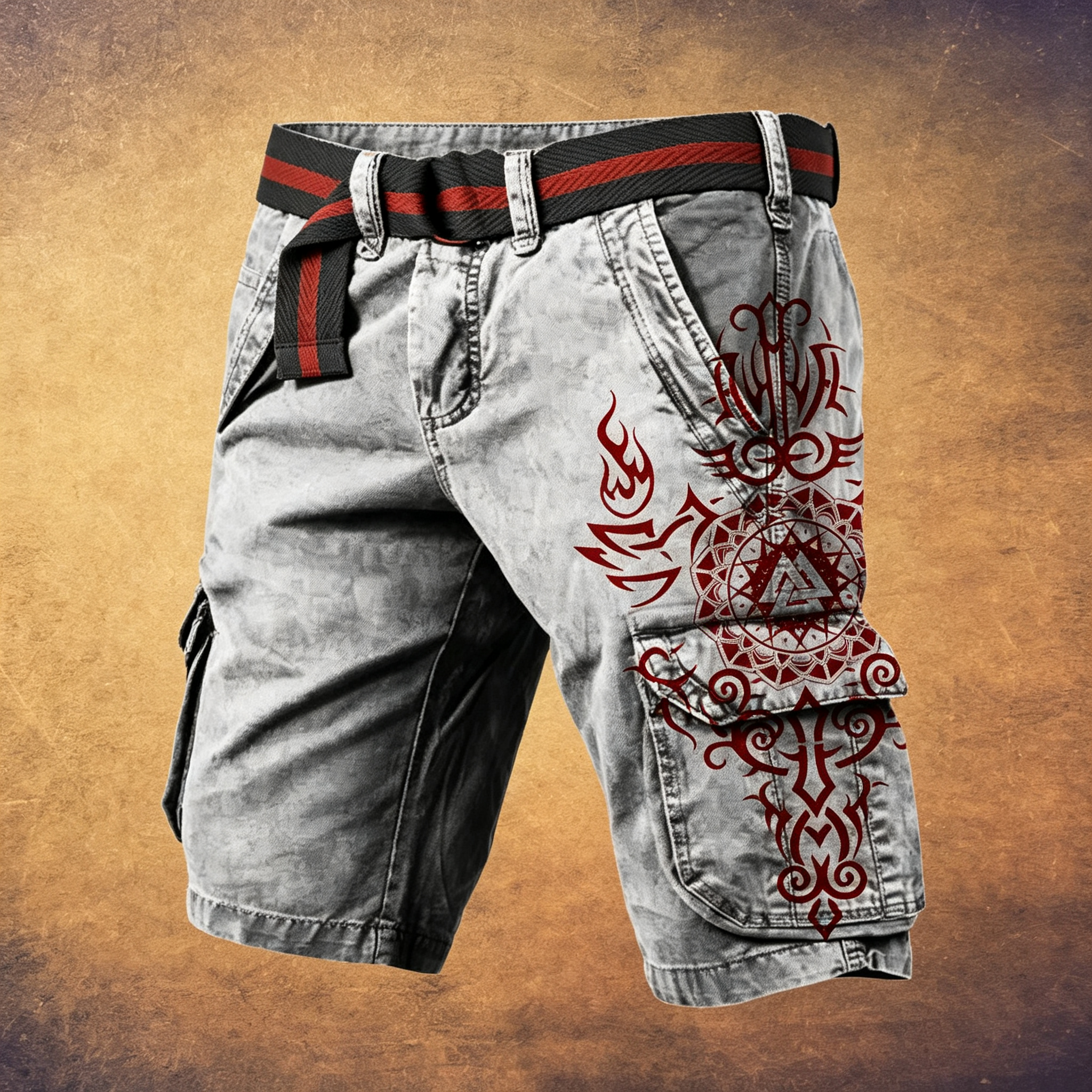 Men's Viking Valknut Norse Rune Belted Multi-Pocket Cargo Shorts