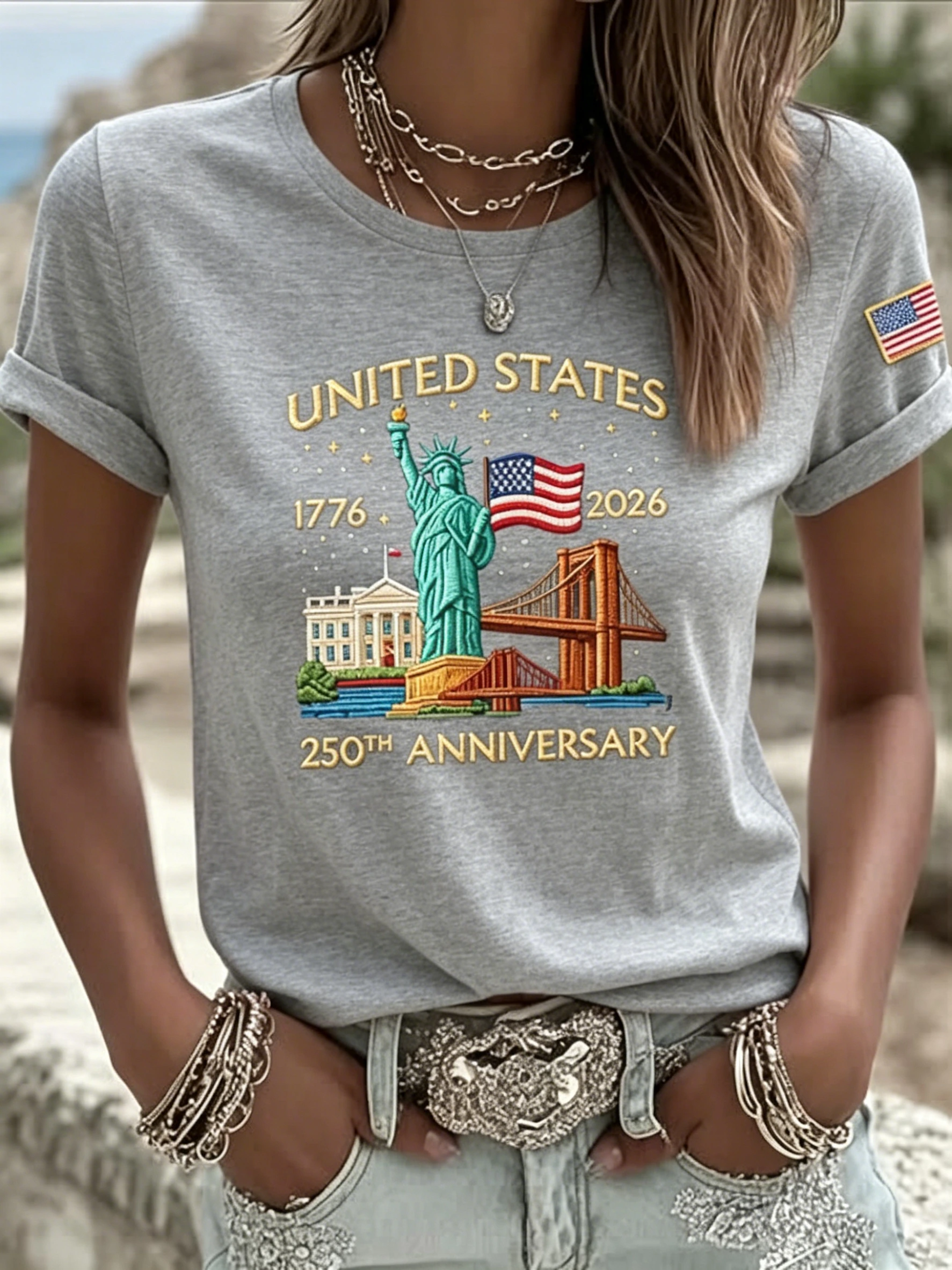 Women's USA 250th Anniversary Graphic T-Shirt 🇺🇸 | Statue of Liberty Patriotic Casual Short Sleeve Tee