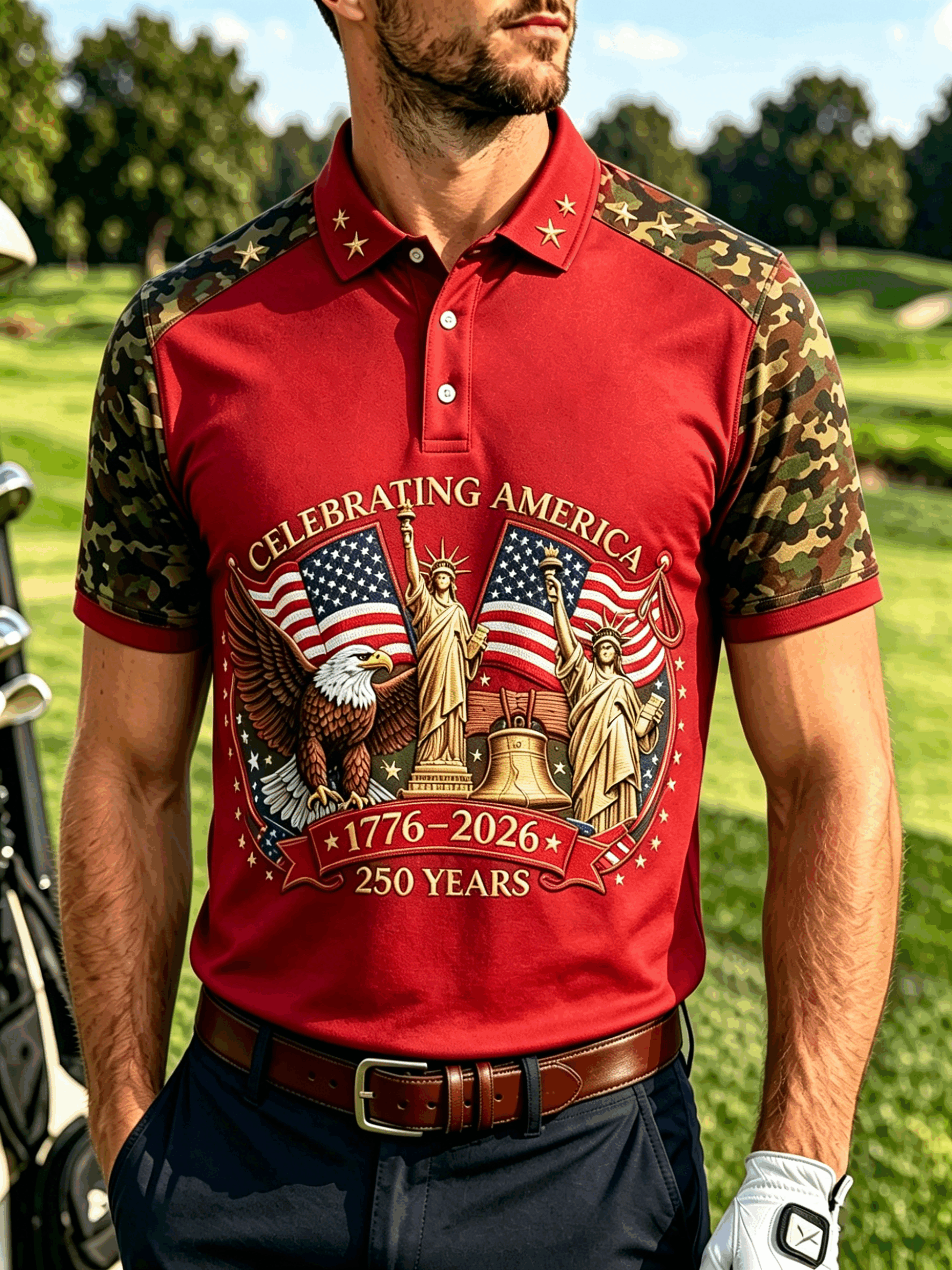 Celebrating America Patriotic Retro Print Camo Raglan Men's Daily Wear Golf Collared Shirt