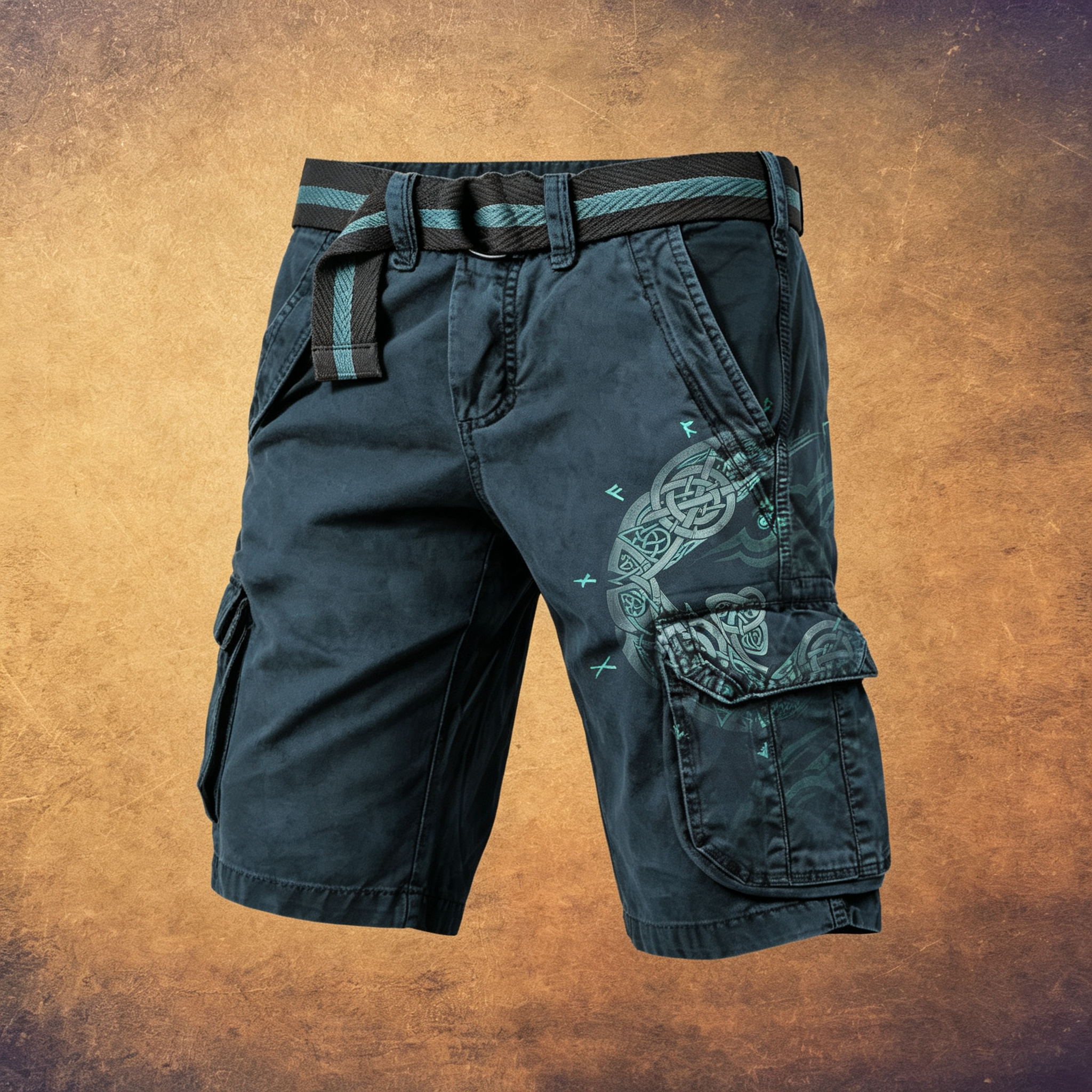 Men's Viking Valknut Norse Rune Belted Multi-Pocket Cargo Shorts