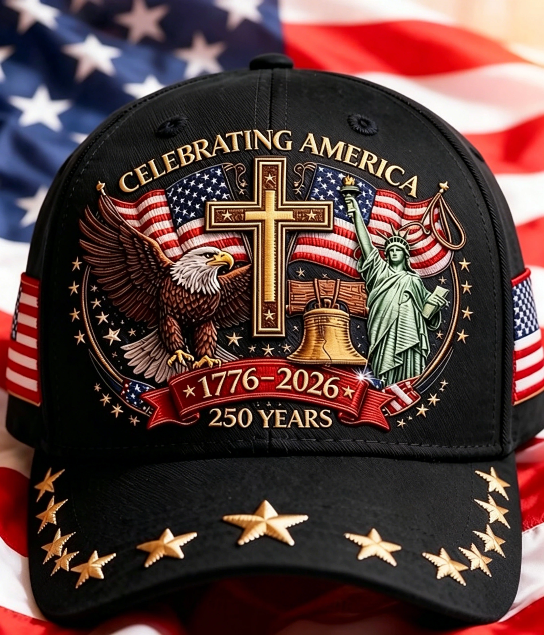 Celebrating America 250 Years Patriotic Eagle Cross Anniversary Baseball Cap