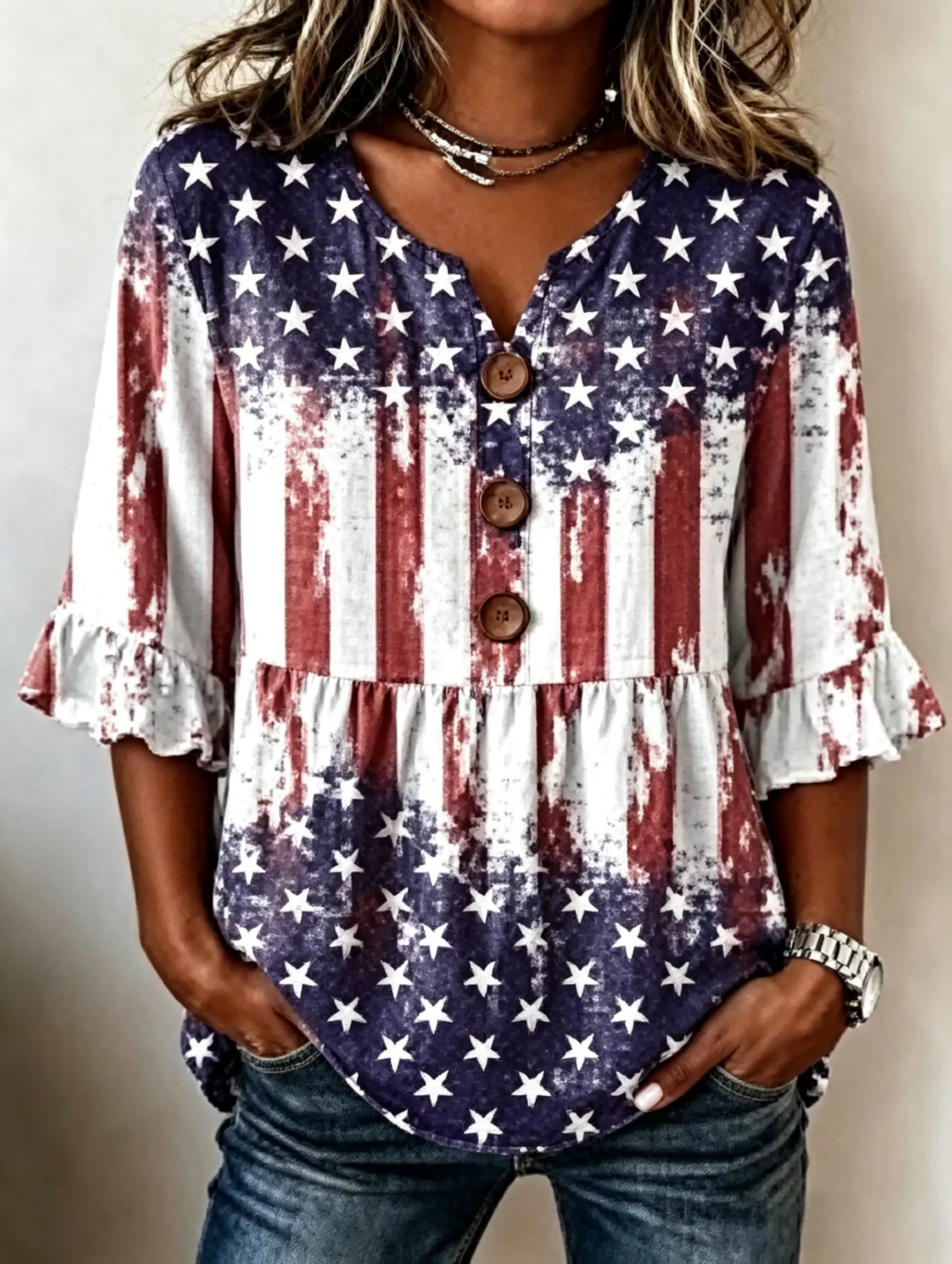 Women's Vintage Distressed American Flag Star Button Henley Ruffle Sleeve Top
