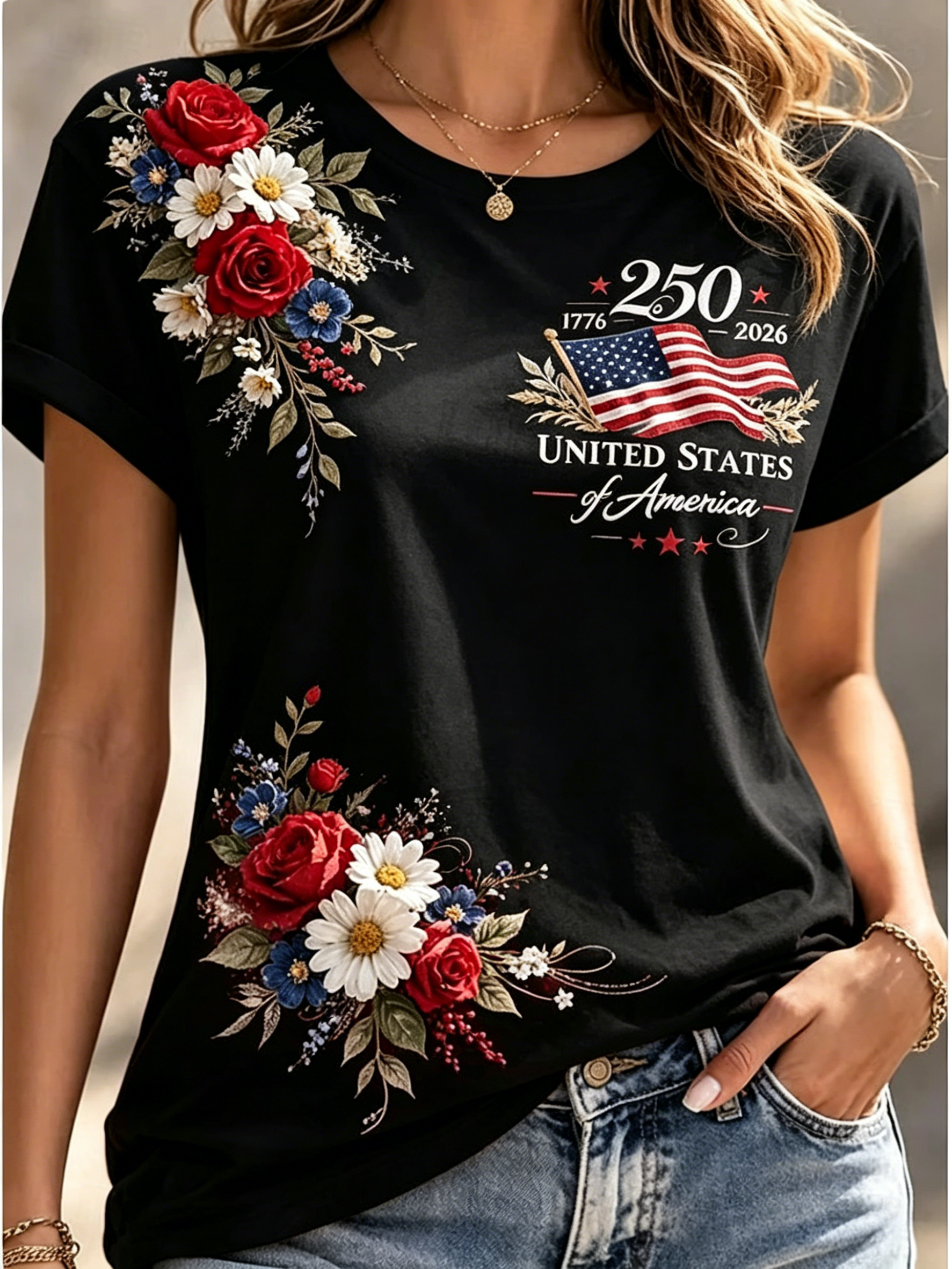 Women’s Patriotic Floral 250th Anniversary USA Flag T-Shirt, Casual Short Sleeve Tee for Independence Day