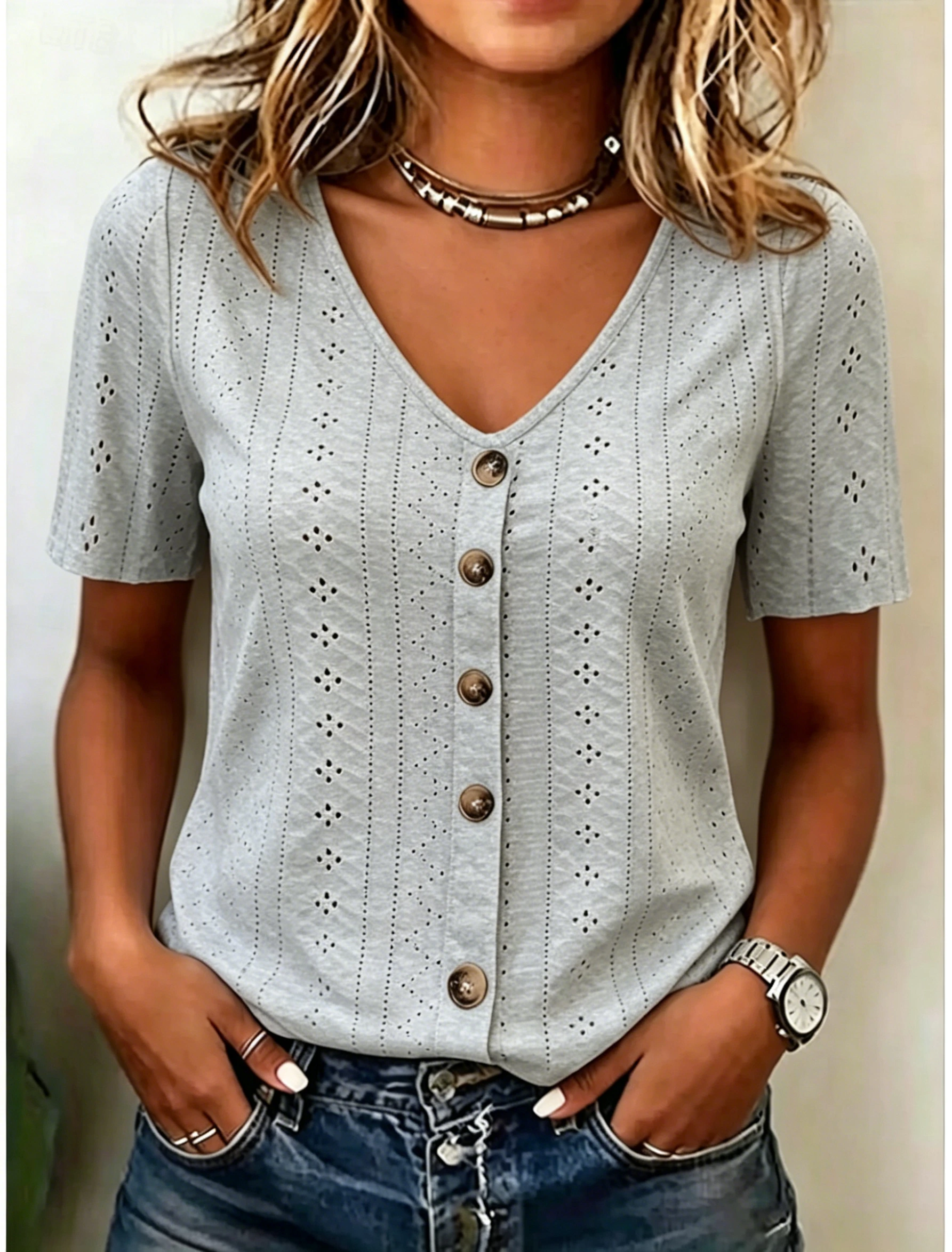 Women's Eyelet Knit V-Neck Button Front Short Sleeve Top