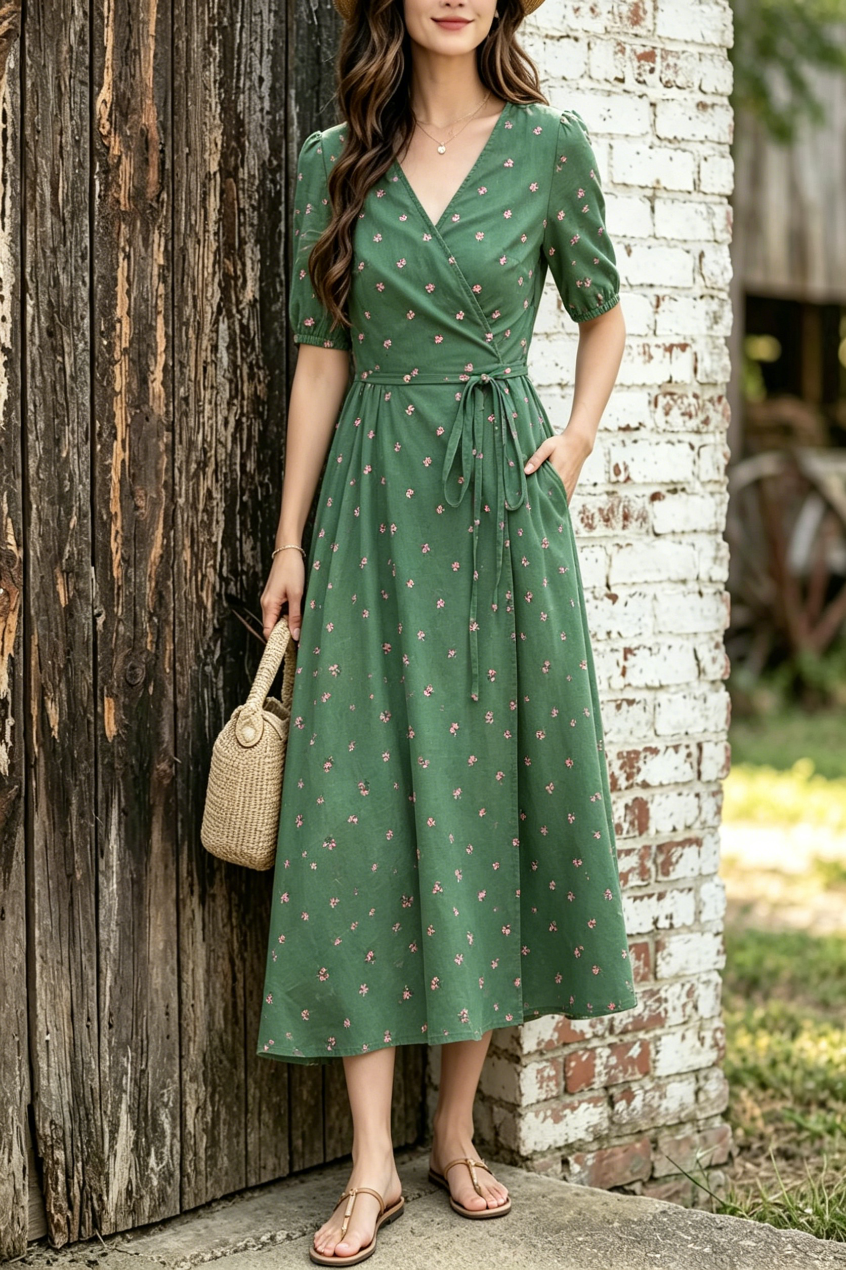 Women Ditsy Floral Wrap Midi Dress Short Sleeve Tie Waist Swing Sundress